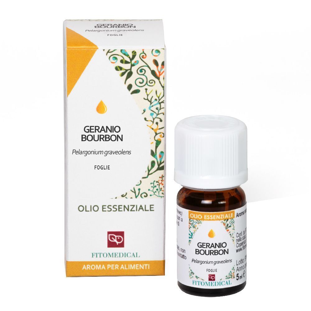 Flacone in vetro marrone con tappo bianco e scatola. Scritta: Geranio Bourbon, Olio Essenziale, FitoMedical.