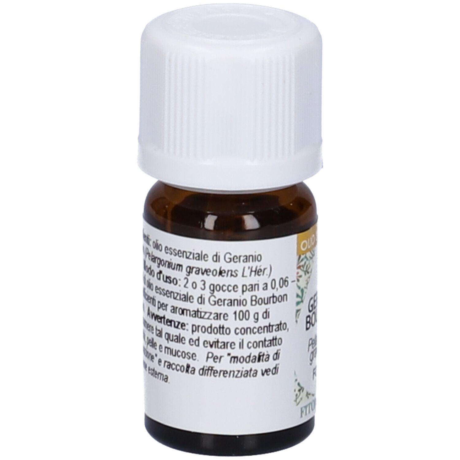 Flacone in vetro marrone con tappo bianco. Scritta: Geranio Bourbon, Olio Essenziale, FitoMedical. Etichetta con testo.