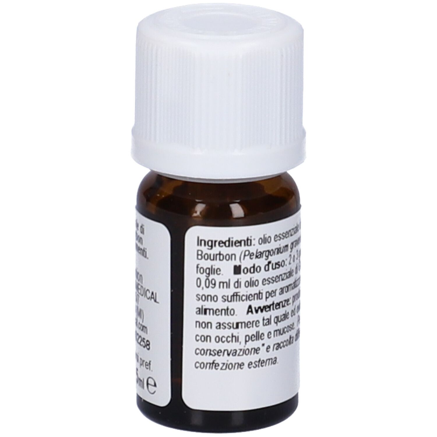 Flacone in vetro marrone con tappo bianco. Etichetta con testo. Scritta: Geranio Bourbon, Olio Essenziale, FitoMedical.