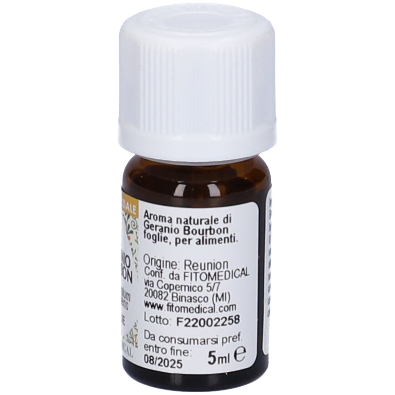 Flacone in vetro marrone con tappo bianco. Etichetta con testo. Scritta: Geranio Bourbon, Olio Essenziale, FitoMedical.