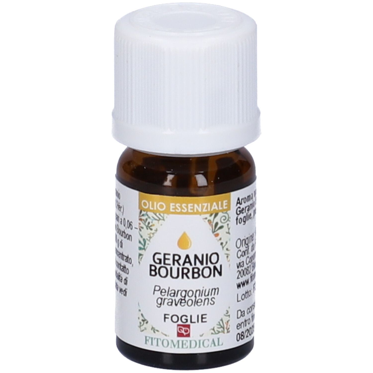 Flacone in vetro marrone con tappo bianco. Etichetta con testo. Scritta: Geranio Bourbon, Olio Essenziale, FitoMedical.