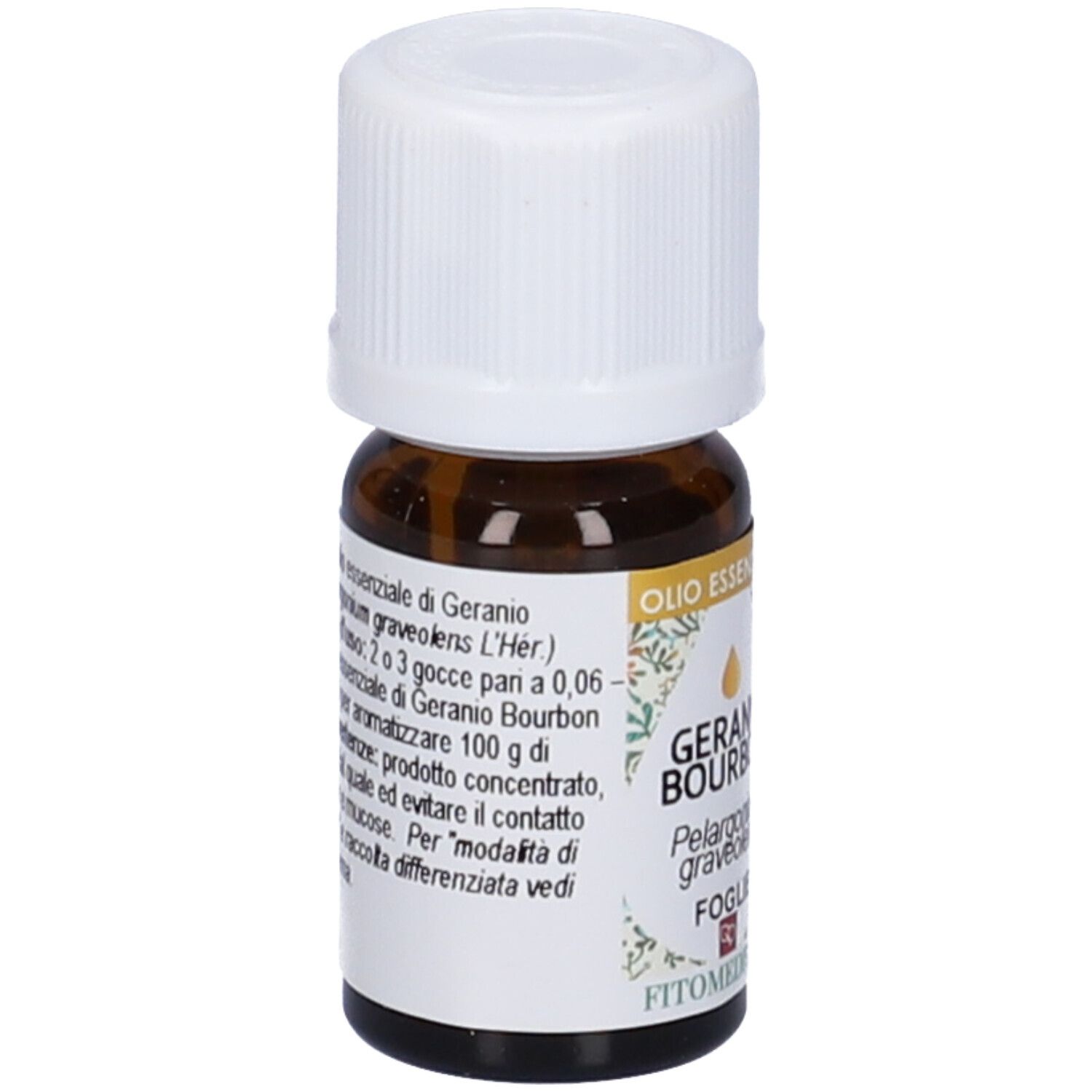 Flacone in vetro marrone con tappo bianco. Etichetta con testo. Scritta: Geranio Bourbon, Olio Essenziale, FitoMedical.