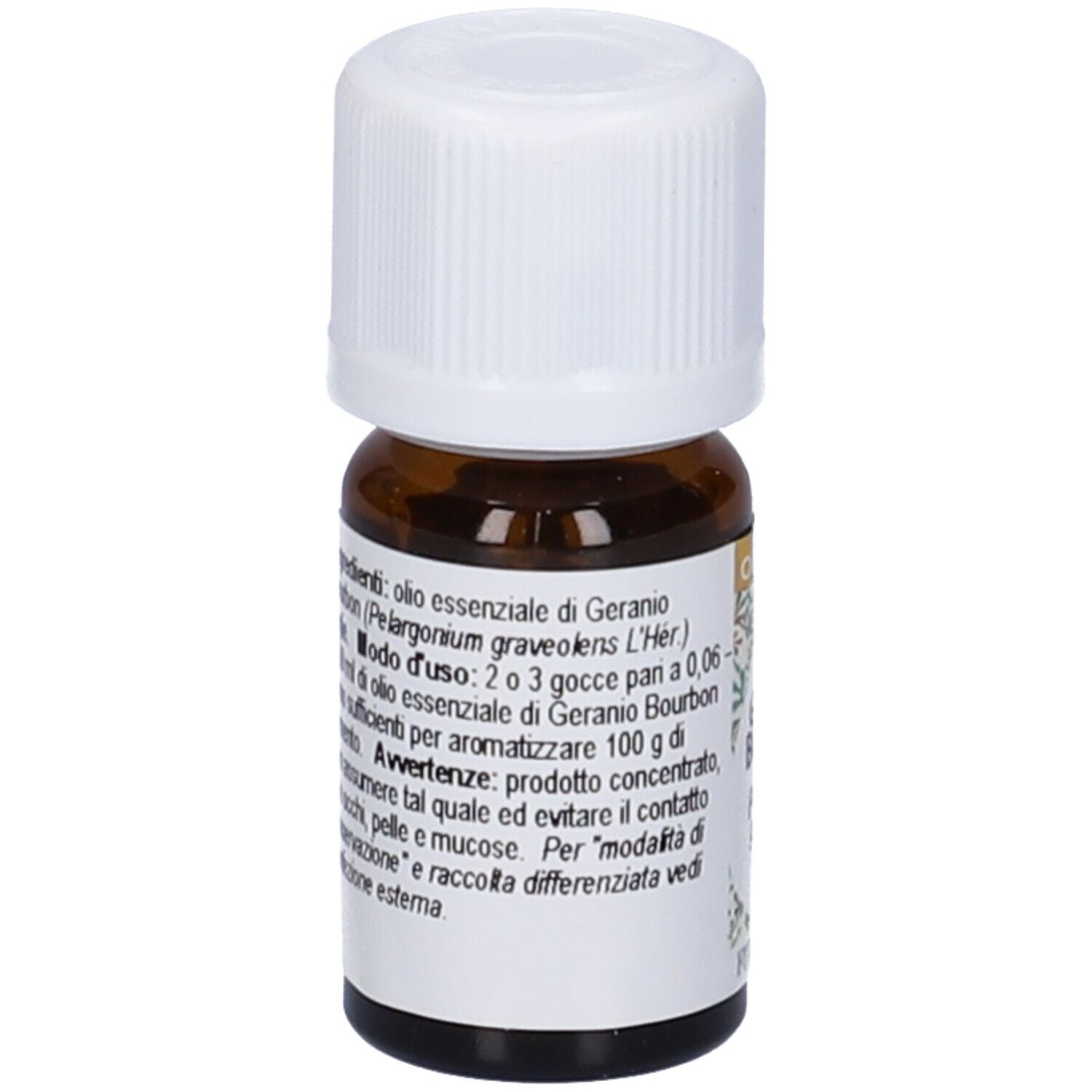 Flacone in vetro marrone con tappo bianco. Etichetta con testo. Scritta: Geranio Bourbon, Olio Essenziale, FitoMedical.