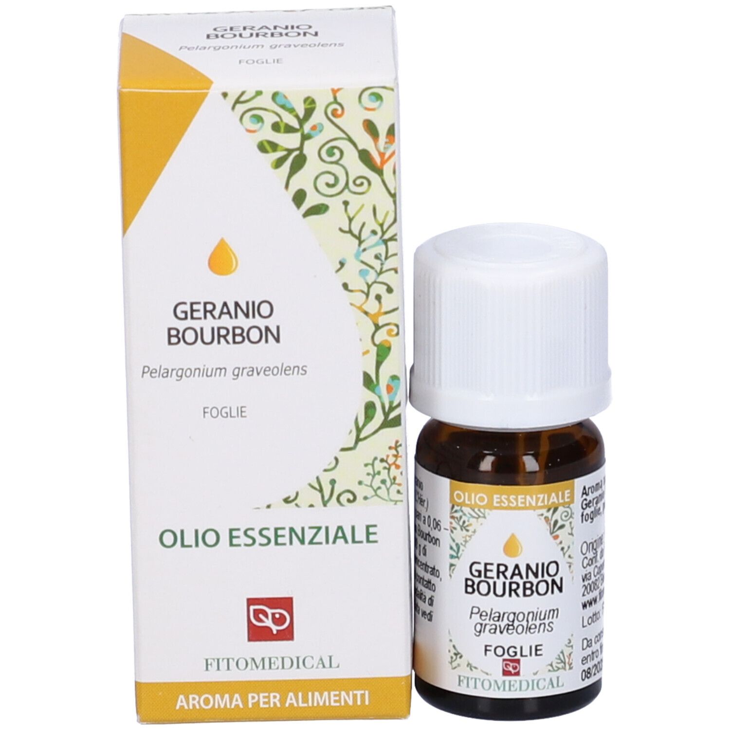 Flacone in vetro marrone con tappo bianco e scatola. Scritta: Geranio Bourbon, Olio Essenziale, FitoMedical.