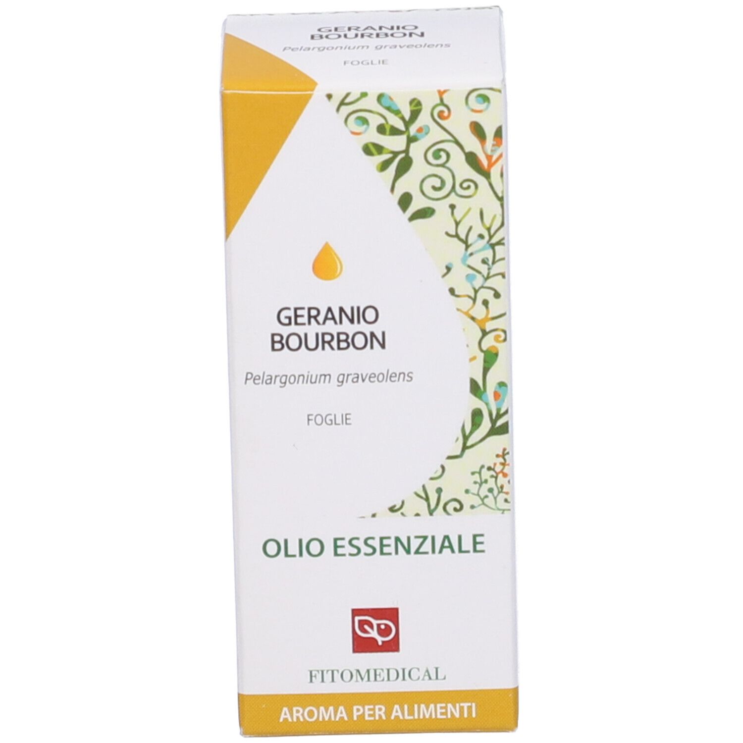 Scatola con scritta: Geranio Bourbon, Olio Essenziale, FitoMedical. Accento giallo.