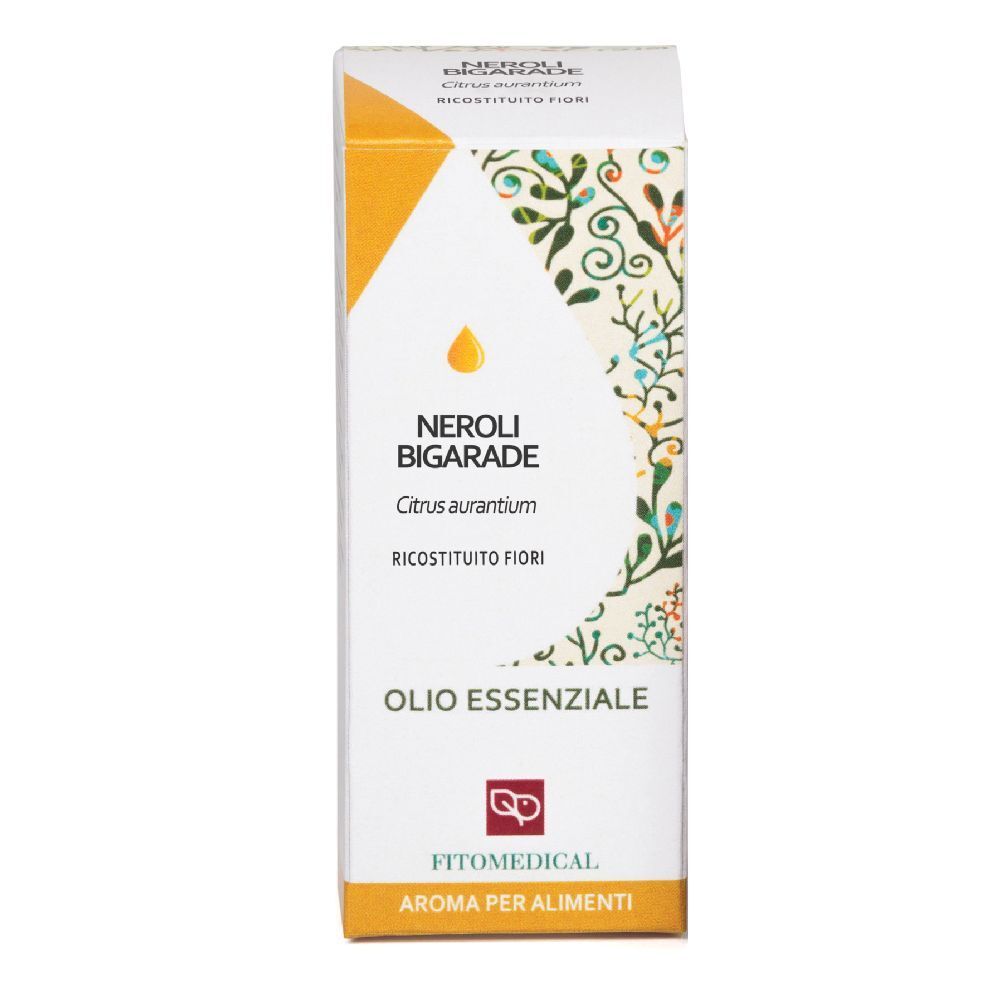 Scatola con informazioni sul prodotto. Scritto: Neroli Bigarade, Citrus aurantium, Olio Essenziale, FitoMedical.