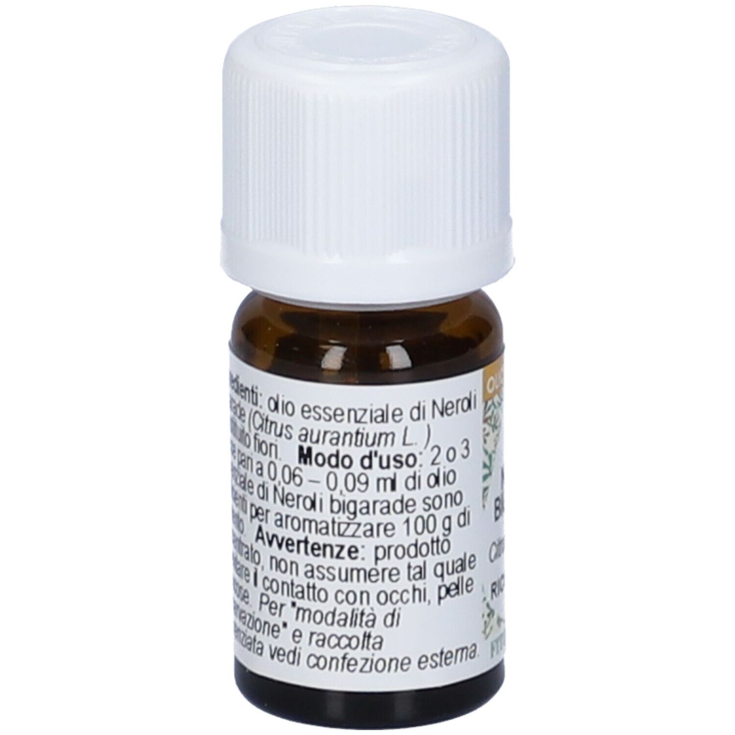 Flacone di vetro marrone con tappo bianco. Etichetta con informazioni. Scritto: Olio Essenziale, Neroli Bigarade.