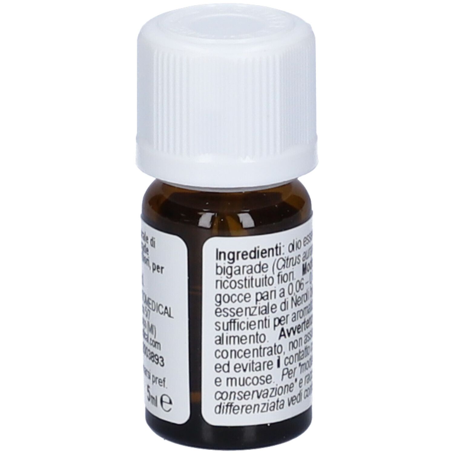 Flacone di vetro marrone con tappo bianco. Etichetta con informazioni. Scritto: Olio Essenziale, Neroli Bigarade.