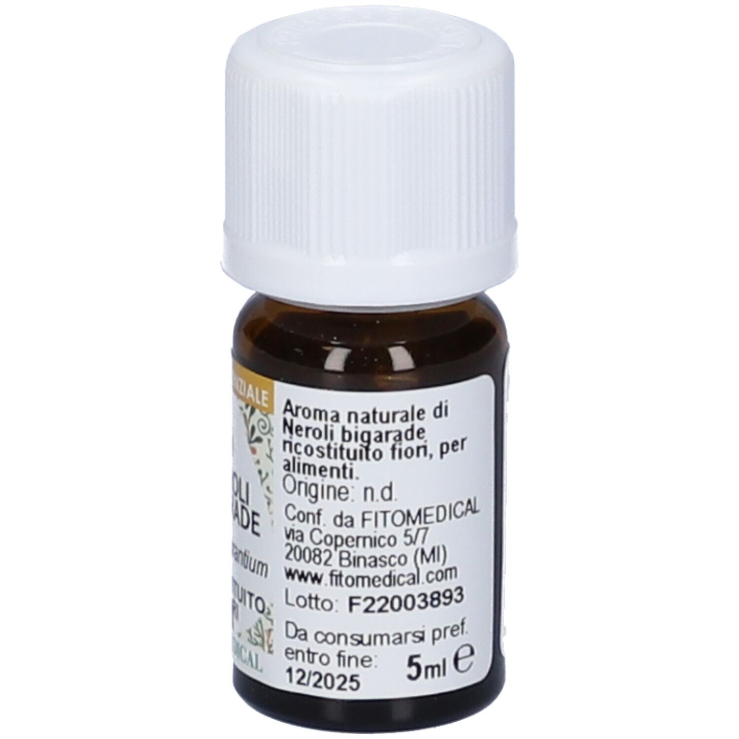 Flacone di vetro marrone con tappo bianco. Etichetta con informazioni. Scritto: Olio Essenziale, Neroli Bigarade.