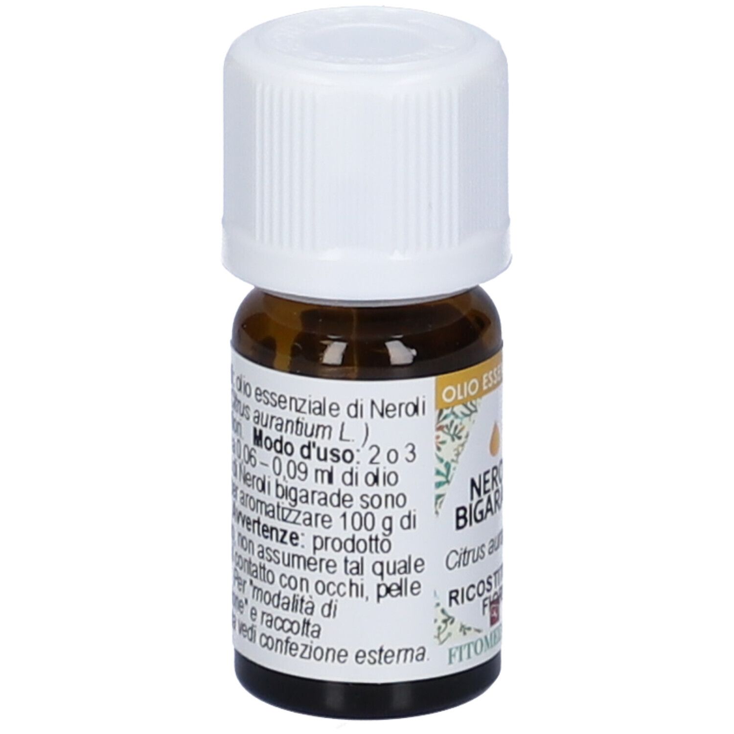 Flacone di vetro marrone con tappo bianco. Etichetta con informazioni. Scritto: Olio Essenziale, Neroli Bigarade.