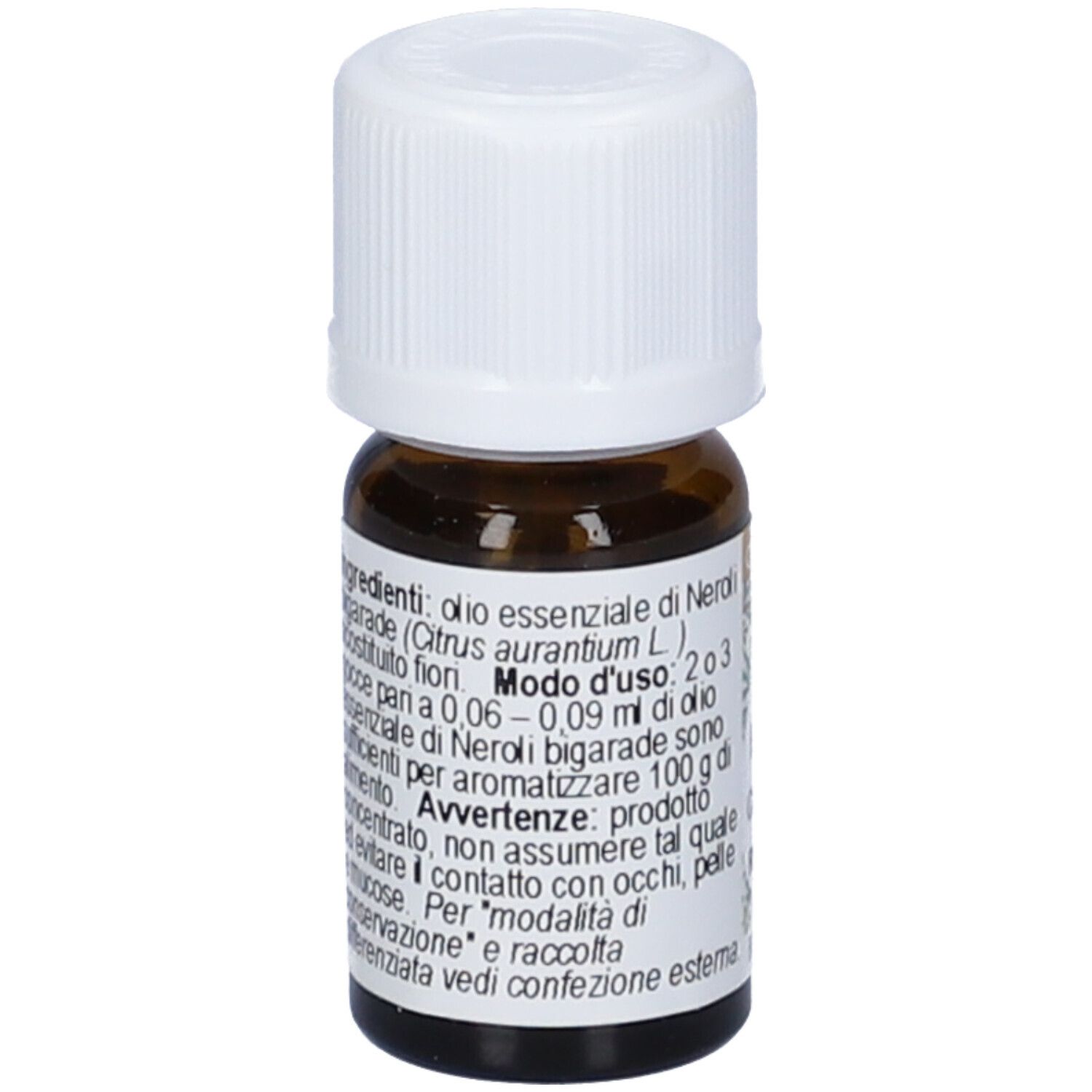 Flacone di vetro marrone con tappo bianco. Etichetta con informazioni. Scritto: Olio Essenziale, Neroli Bigarade.