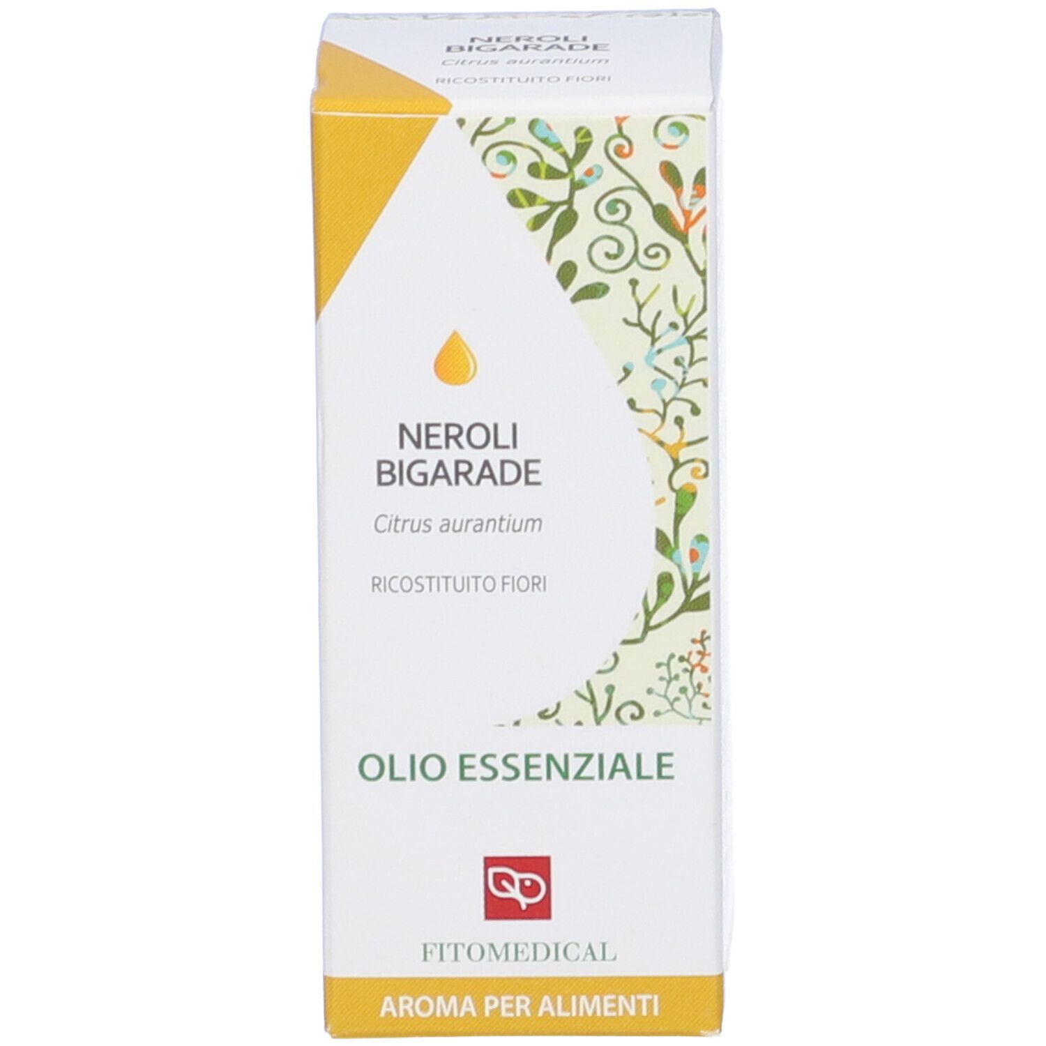 Scatola con informazioni sul prodotto. Scritto: Neroli Bigarade, Citrus aurantium, Olio Essenziale, FitoMedical.