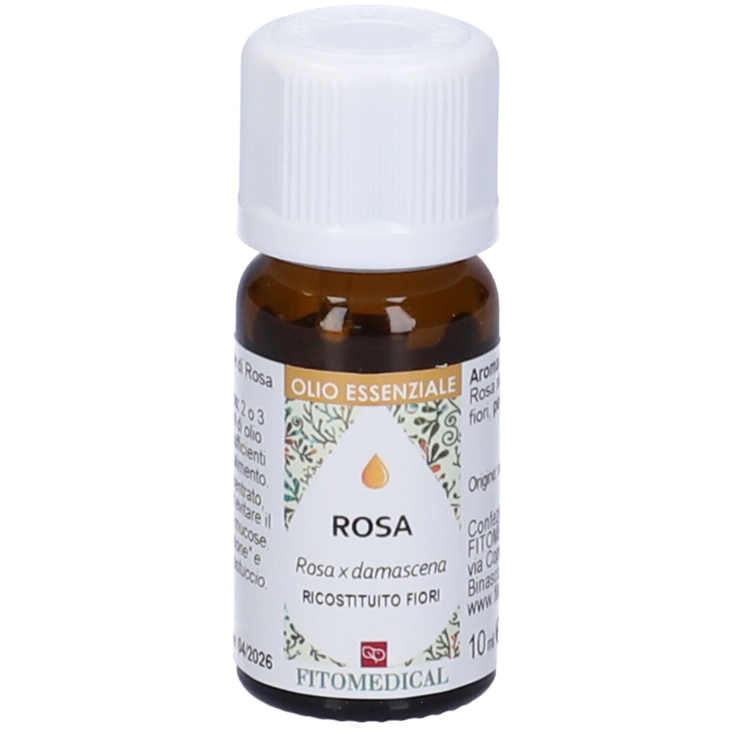 Flacone in vetro marrone con tappo bianco. Scritte: ROSA, Olio Essenziale, FitoMedical. 10 ml.