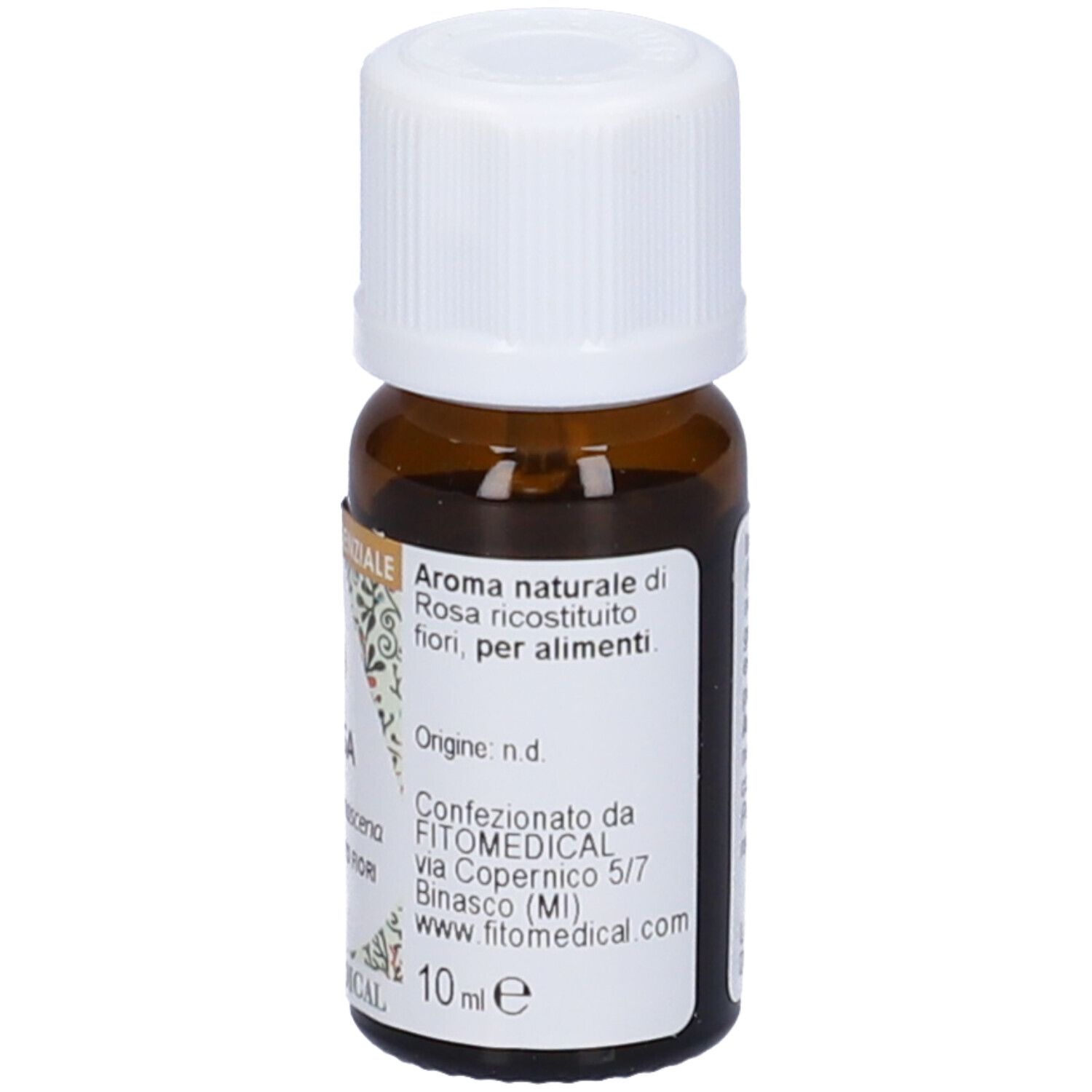 Flacone in vetro marrone con tappo bianco. Scritte: Aroma naturale di Rosa, FitoMedical. 10 ml.