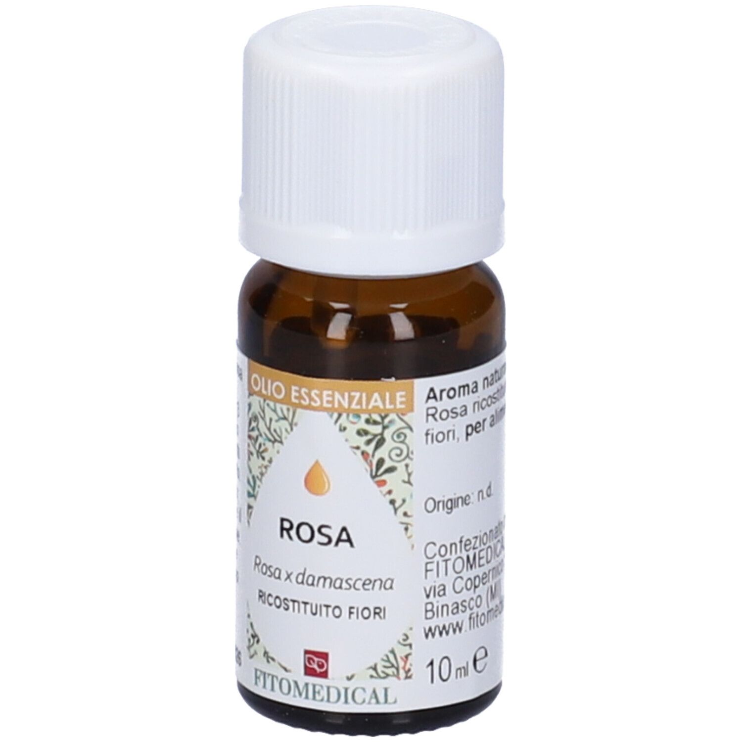 Flacone in vetro marrone con tappo bianco. Scritte: ROSA, Olio Essenziale, FitoMedical. 10 ml.