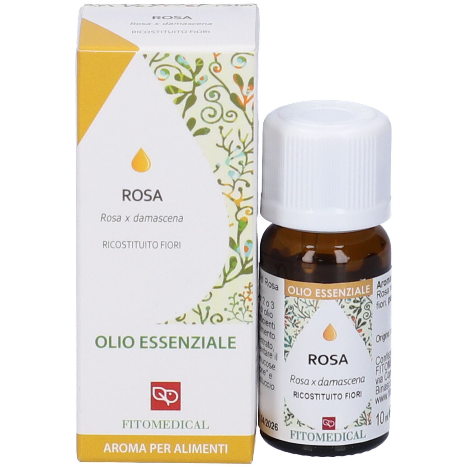 Flacone in vetro marrone e scatola. Scritte: ROSA, Olio Essenziale, FitoMedical. 10 ml.