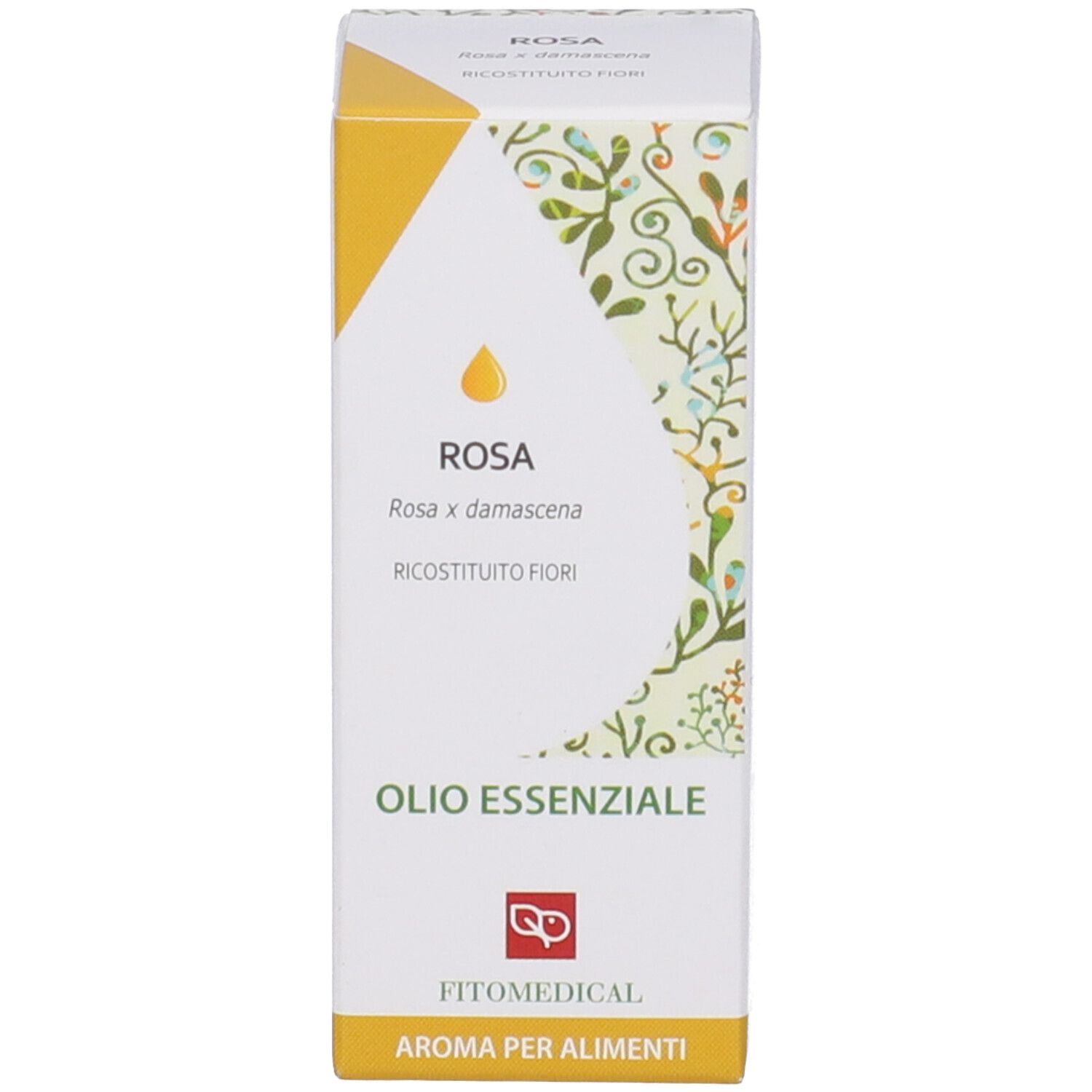 Scatola di Rosa Ricostituita Olio Essenziale. Scatola bianca e gialla. Scritte: ROSA, Olio Essenziale, FitoMedical.