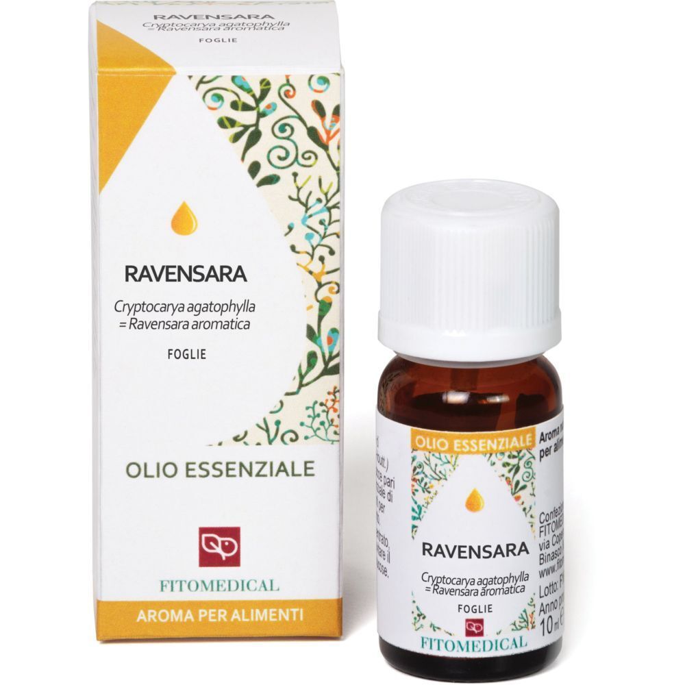 Flacone e scatola di Olio Essenziale. Scritta: Ravensara, FitoMedical. Design giallo.