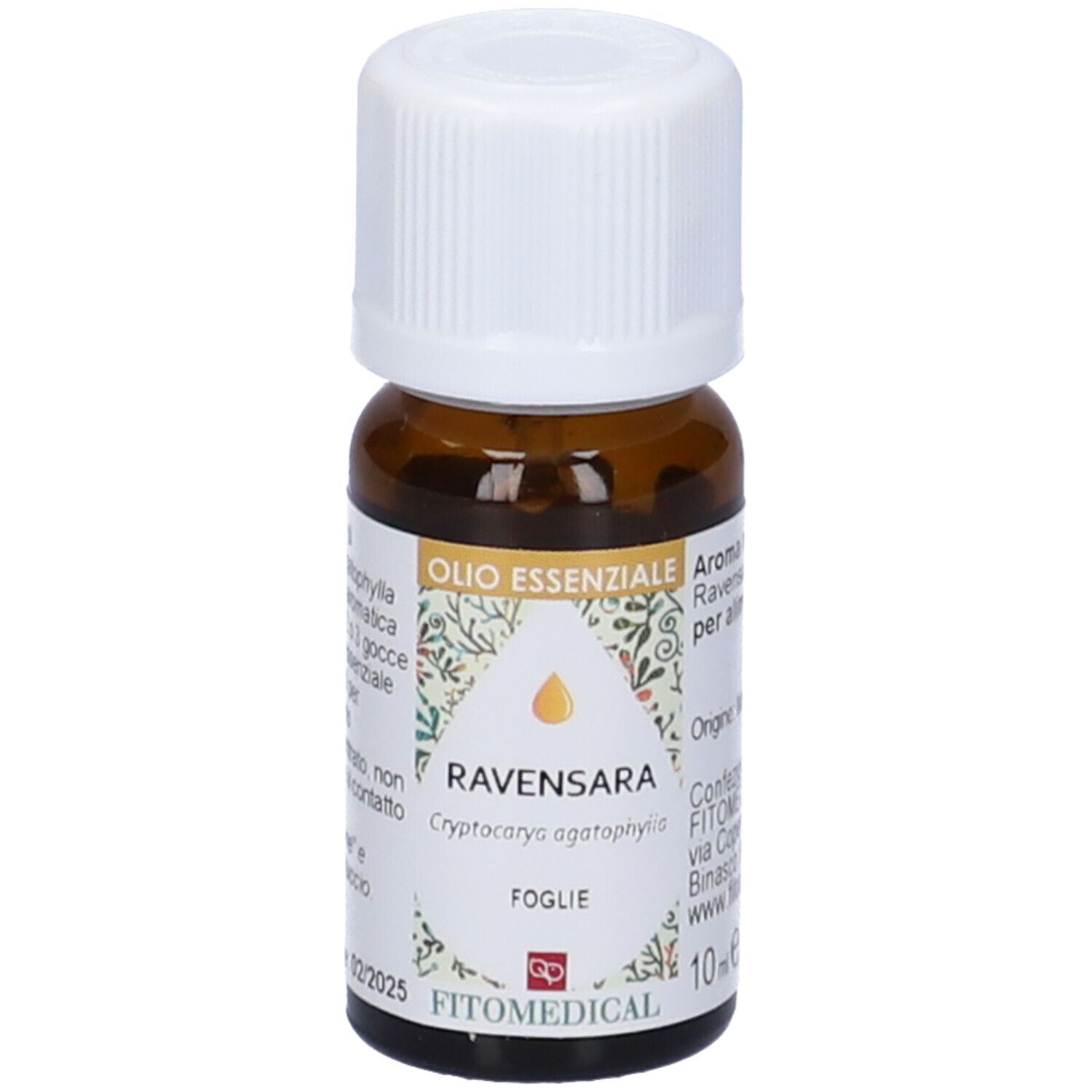 Flacone in vetro marrone, tappo bianco. Scritta: Ravensara, Olio Essenziale, FitoMedical. 10 ml.