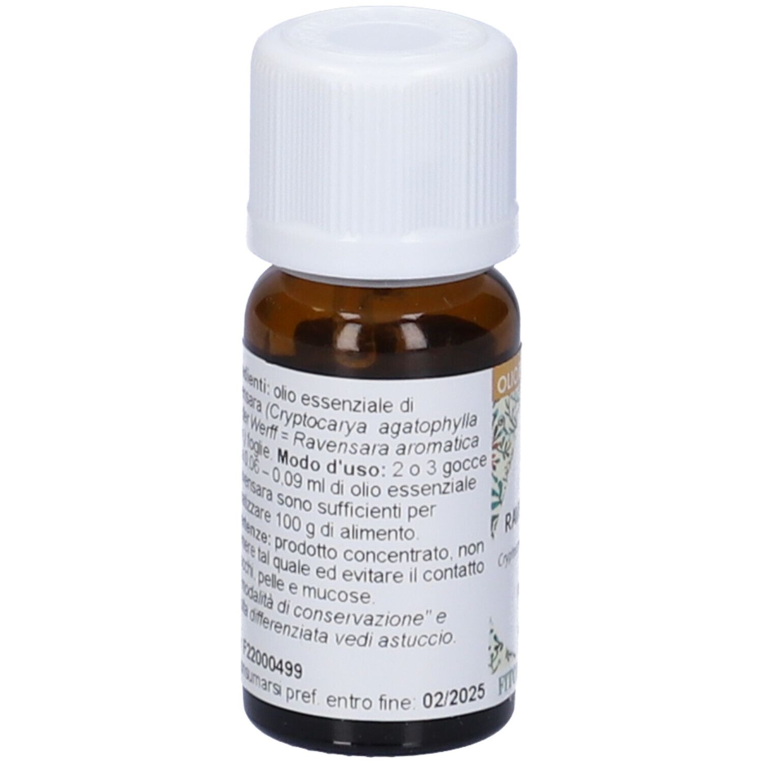 Flacone in vetro marrone, tappo bianco. Scritta: Ravensara, Olio Essenziale, FitoMedical. Vista dettagliata.