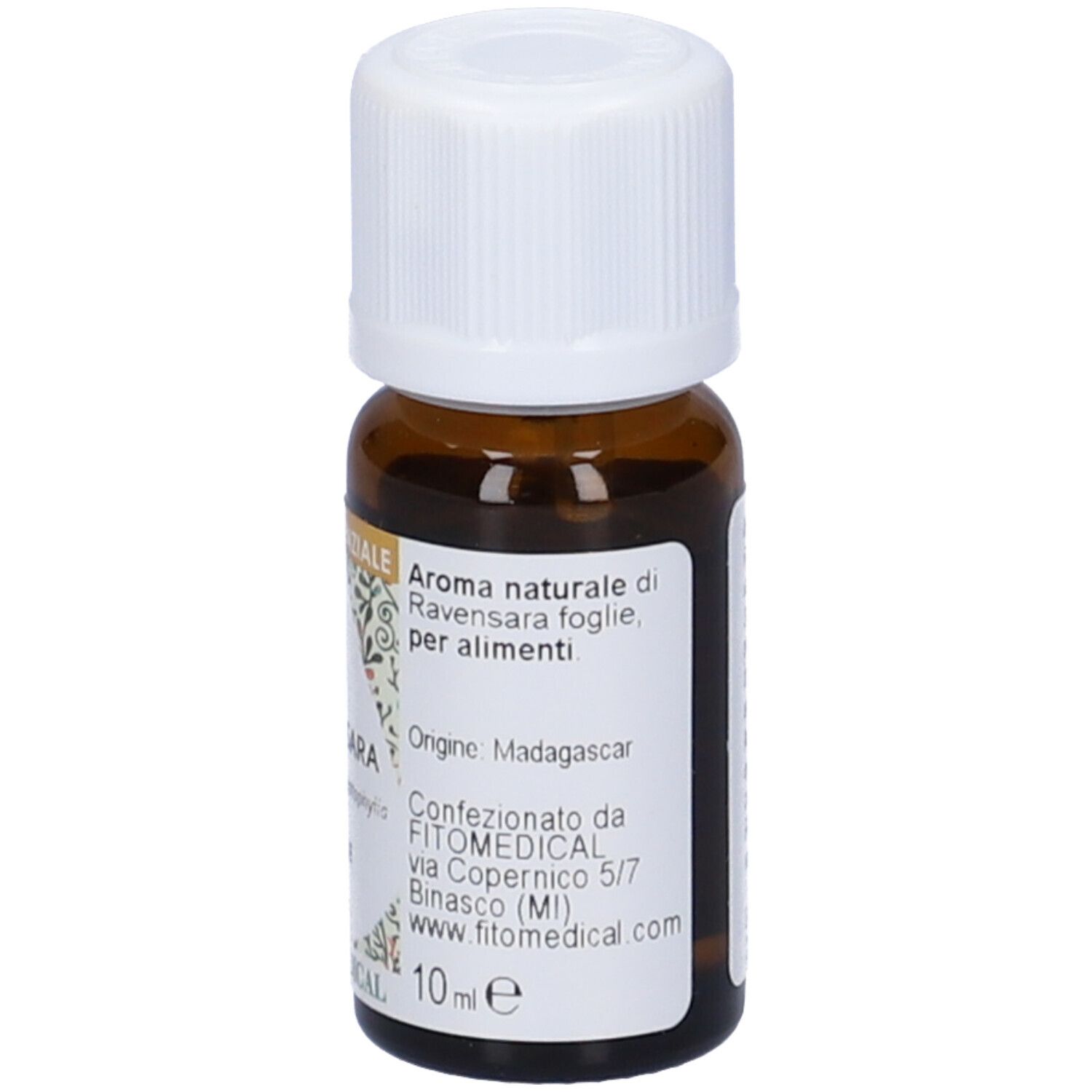 Flacone in vetro marrone, tappo bianco. Scritta: Ravensara, Olio Essenziale, FitoMedical. Vista dettagliata.