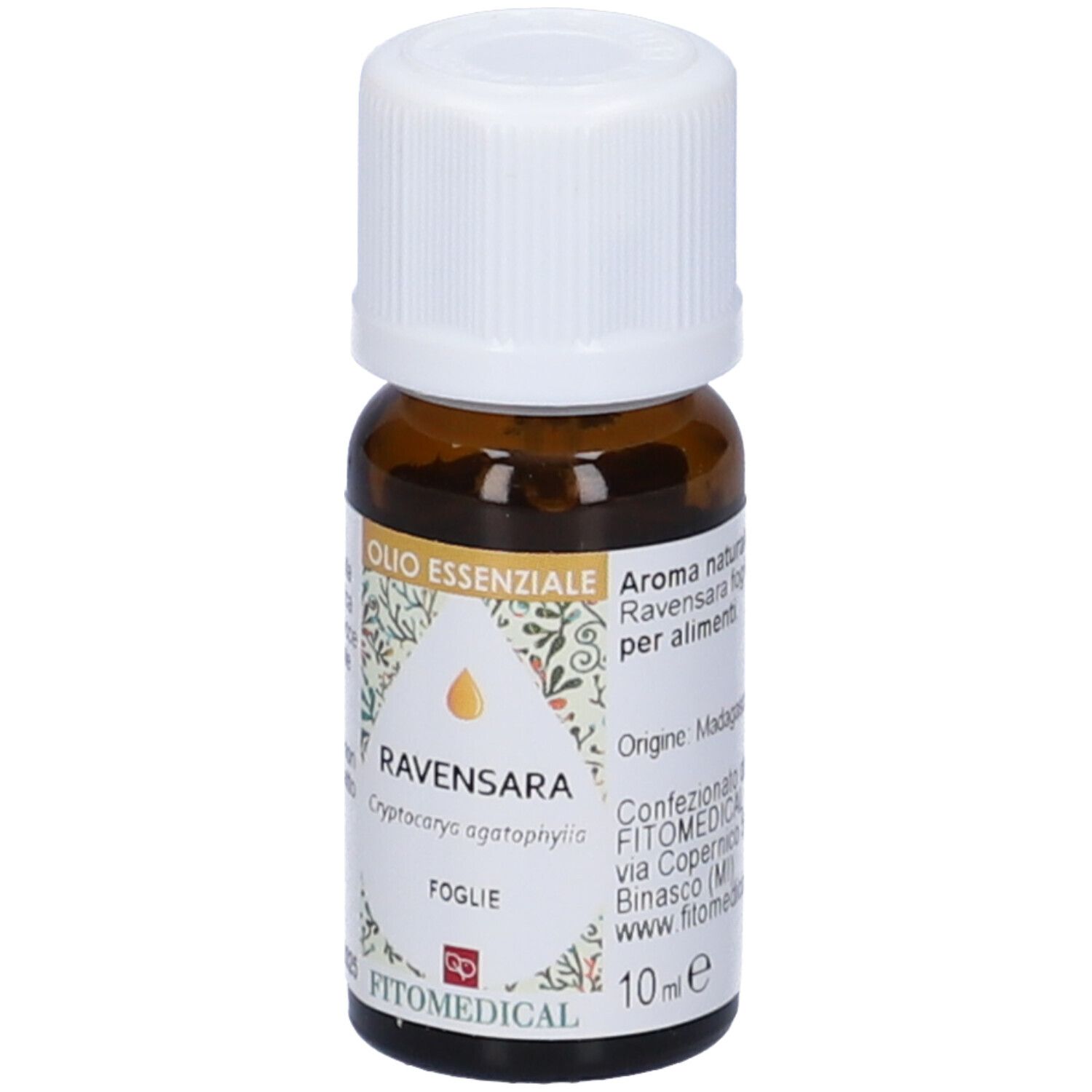 Flacone in vetro marrone, tappo bianco. Scritta: Ravensara, Olio Essenziale, FitoMedical. Vista dettagliata.