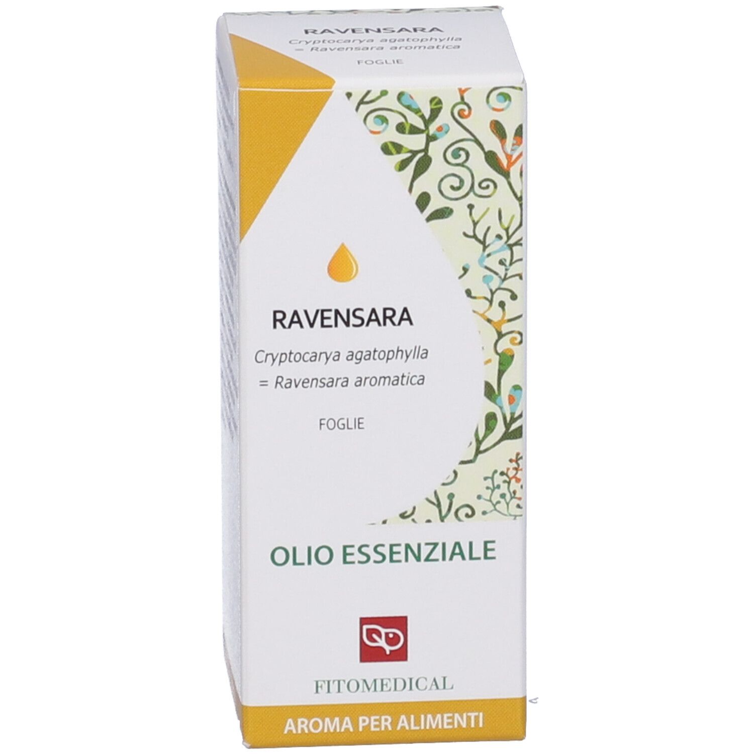 Scatola di Olio Essenziale. Scritta: Ravensara, FitoMedical. Design giallo.