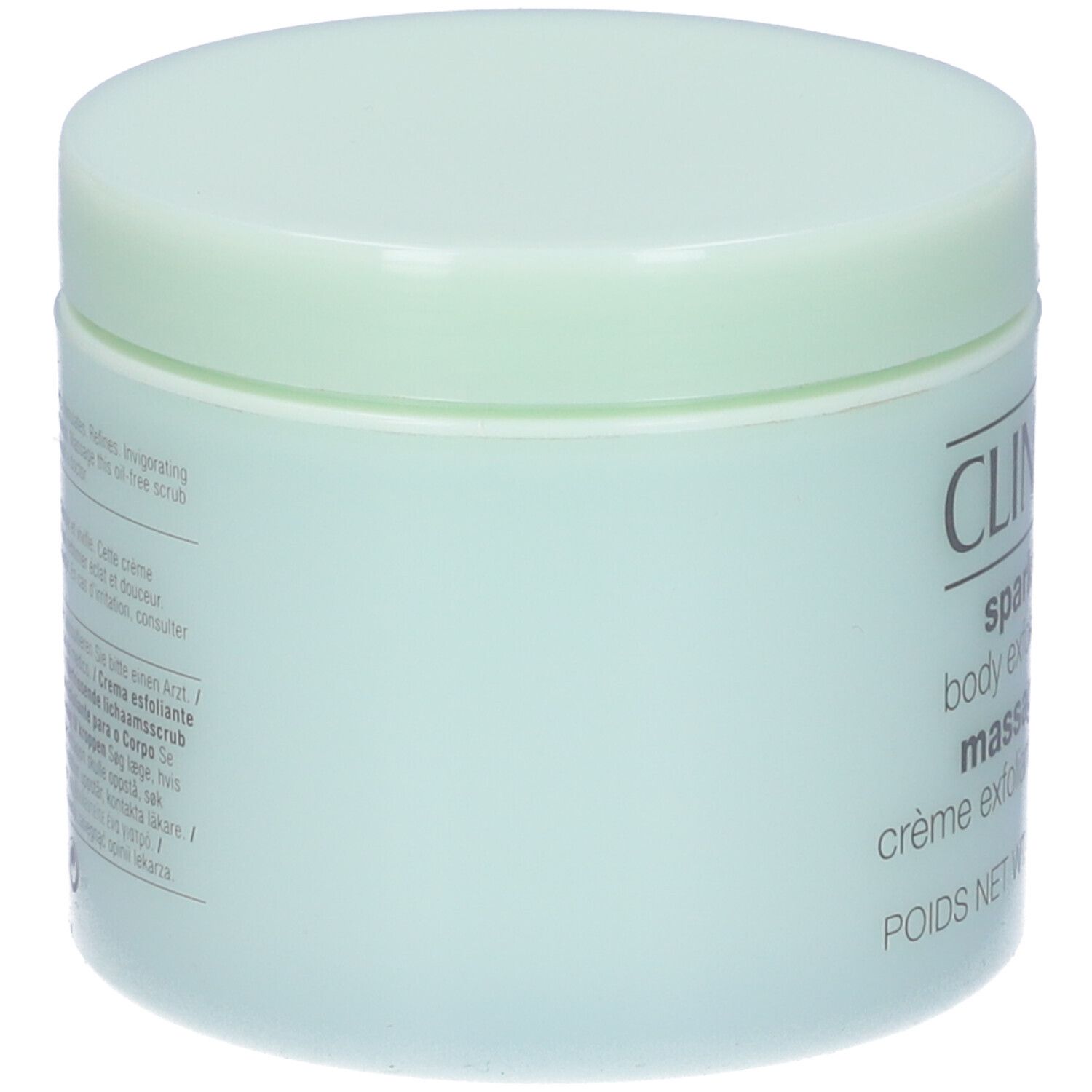 Vasetto verde chiaro con coperchio. Sul lato testo, tra cui CLINIQUE, sparkle skin, body exfoliating cream, massage tonus.