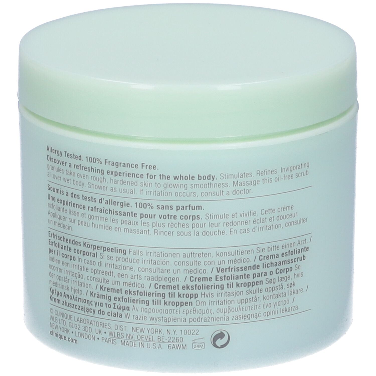 Vasetto verde chiaro con coperchio. Sul lato testo, tra cui Testato contro le allergie, 100% senza profumo. Informazioni del produttore.