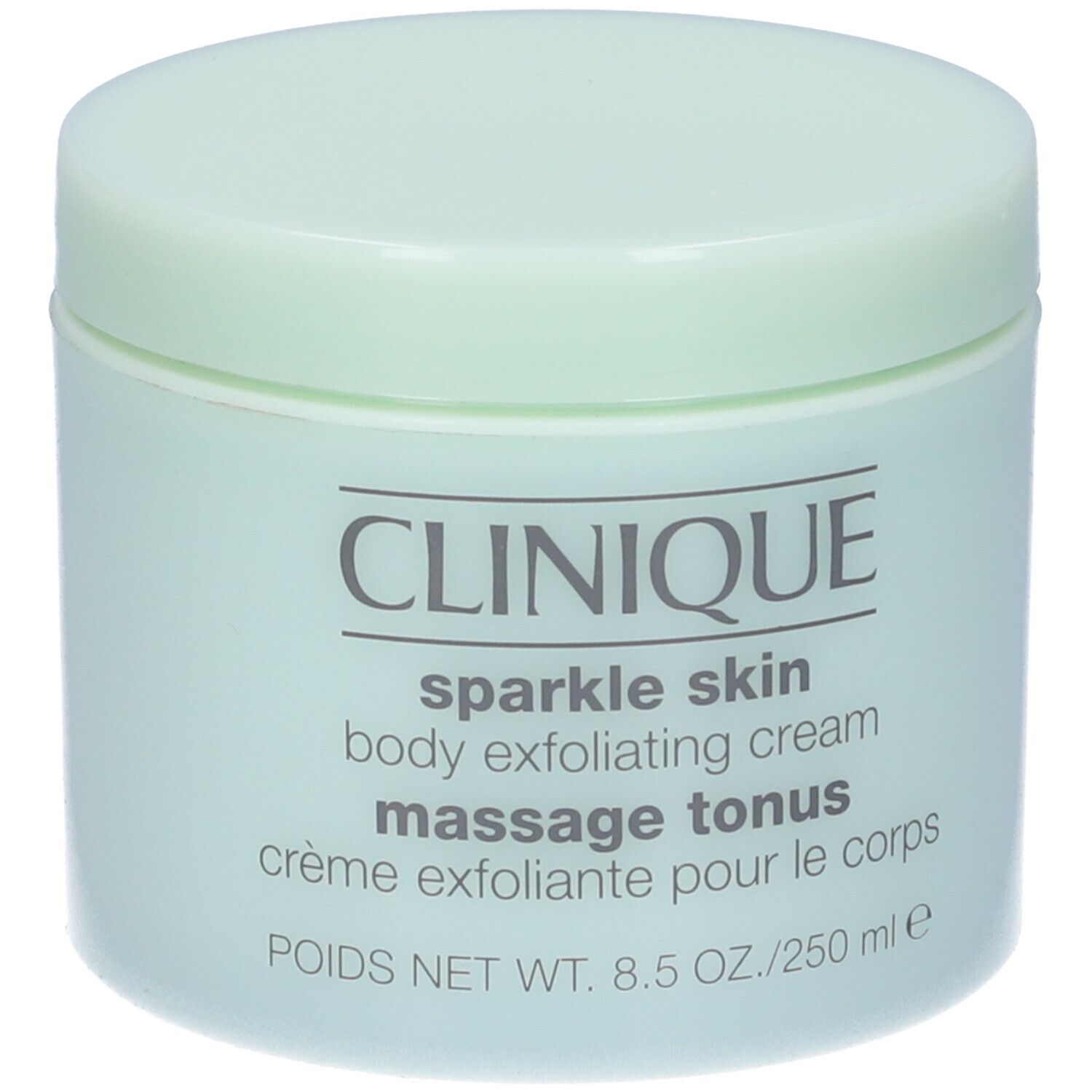 Vasetto verde chiaro con coperchio. Scritta: CLINIQUE, sparkle skin, body exfoliating cream, massage tonus, crème exfoliante pour le corps.