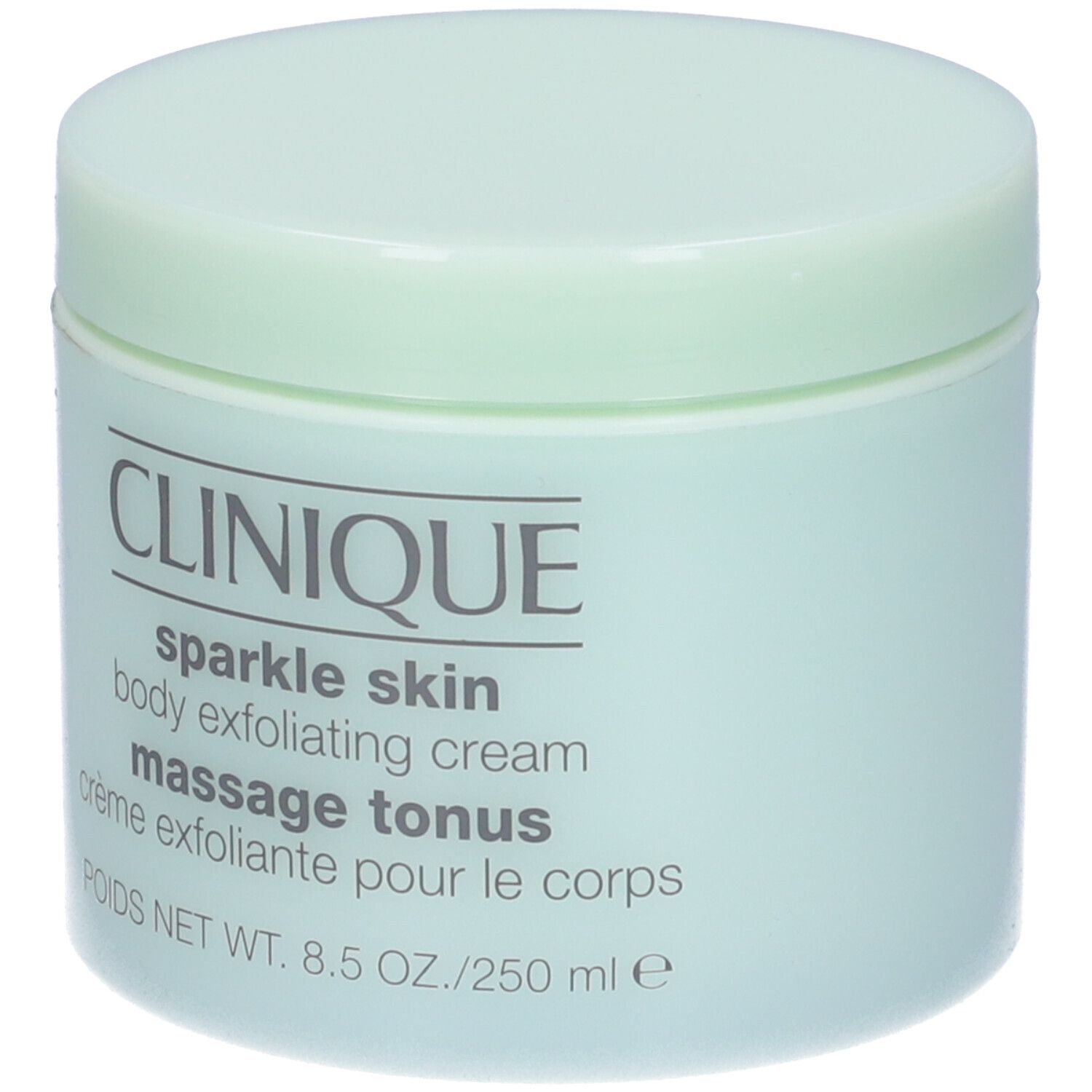 Vasetto verde chiaro con coperchio. Scritta: CLINIQUE, sparkle skin, body exfoliating cream, massage tonus, crème exfoliante pour le corps.