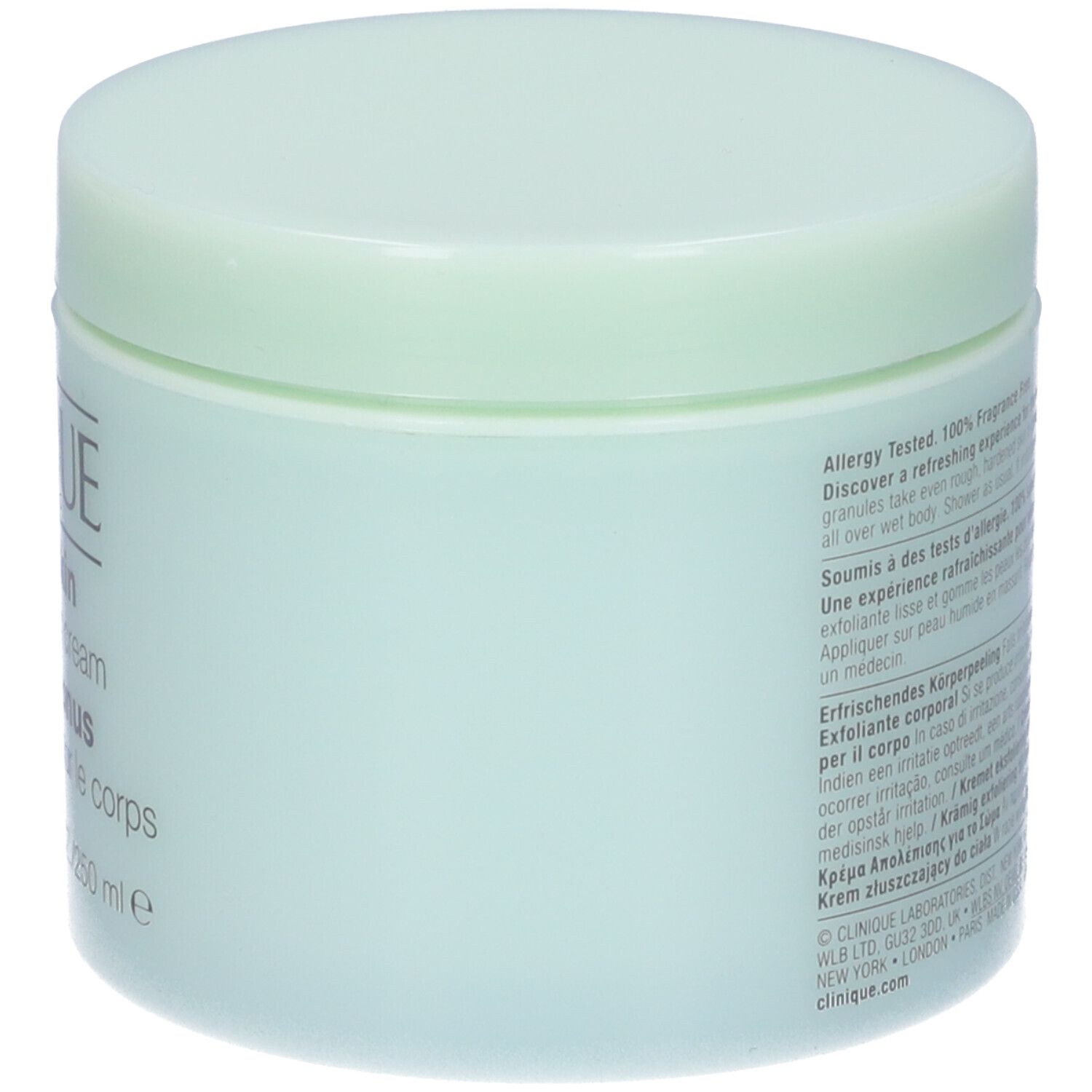 Vasetto verde chiaro con coperchio. Sul lato testo, tra cui Testato contro le allergie, 100% senza profumo. Informazioni del produttore.