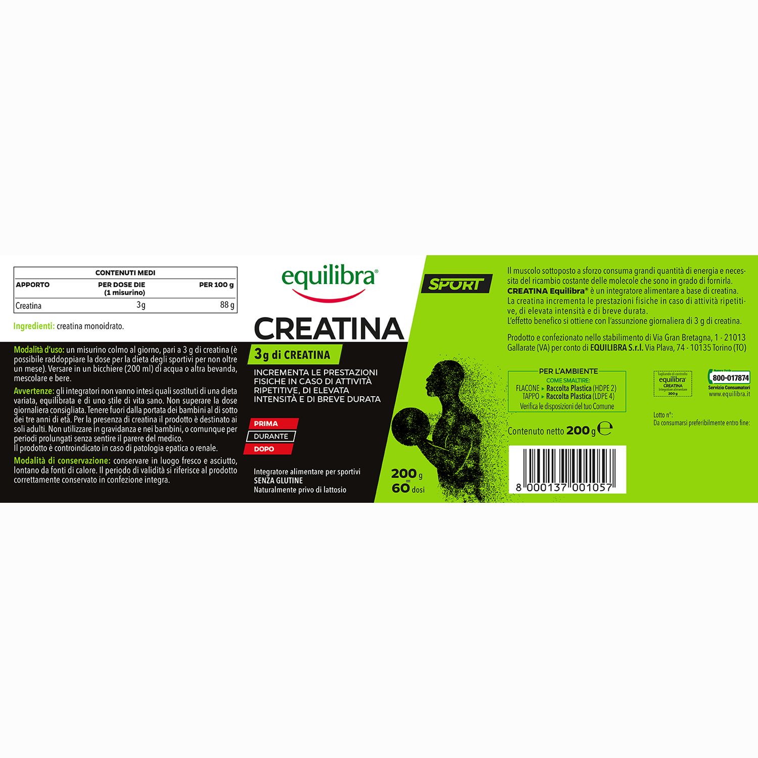 Etichetta verde con testo su barattolo nero. Equilibra Creatina, 3g Creatina. 200g, 60 dosi. Logo Sport.