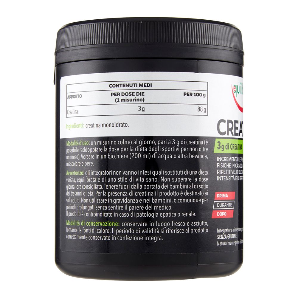 Barattolo nero, etichette verdi. Testo: Creatina, ingredienti, modalità d'uso. Marchio Equilibra.