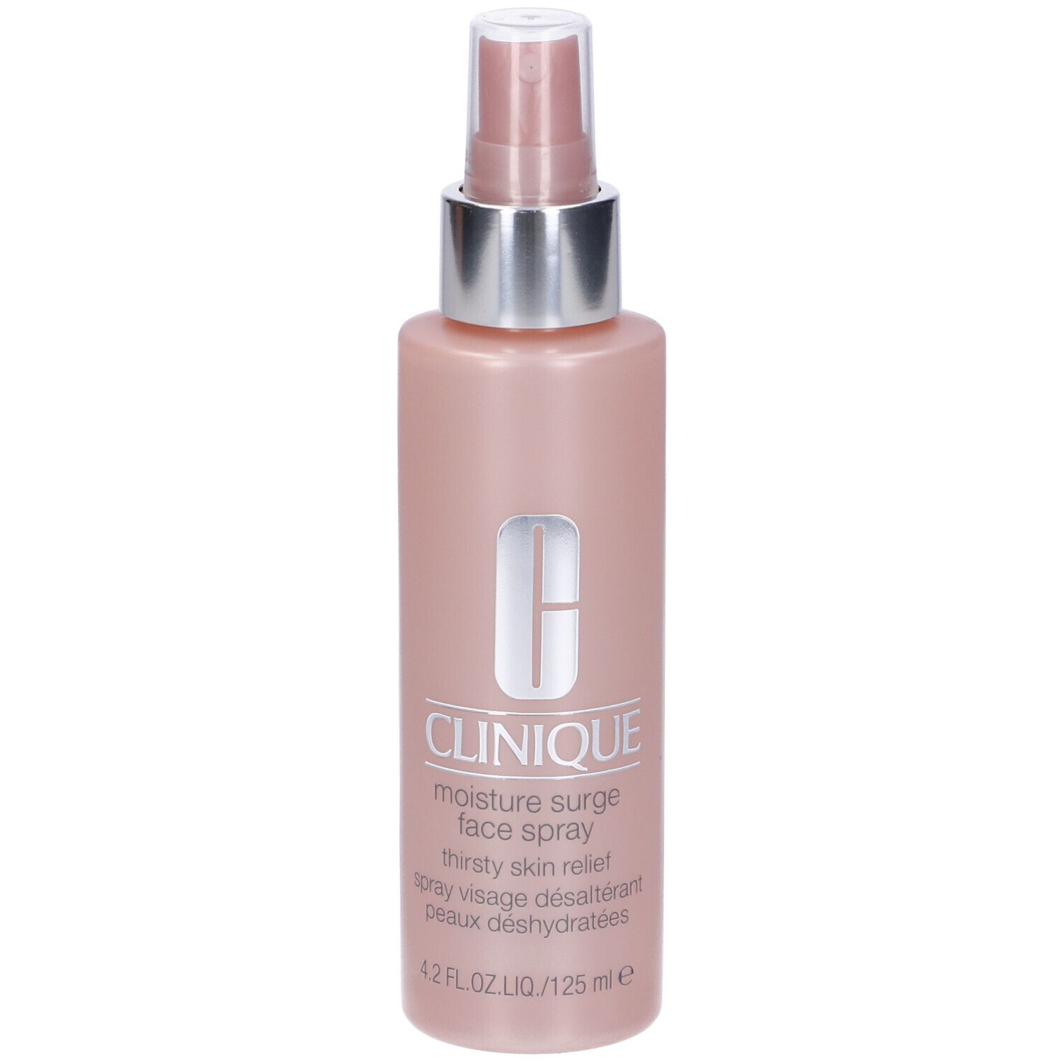 Flacone rosa con vaporizzatore. Scritta: Clinique Moisture Surge Face Spray. 4.2 FL.OZ.LIQ./125 ml.