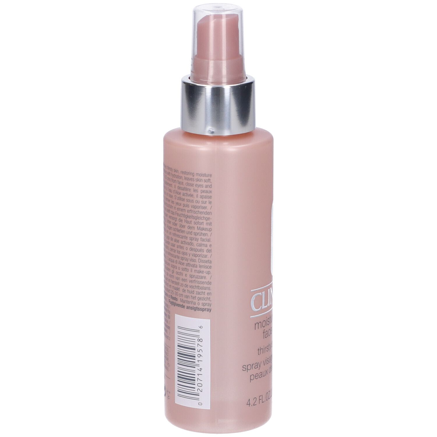 Flacone rosa con vaporizzatore. Retro con testo e codice a barre. 4.2 FL.OZ.LIQ./125 ml.