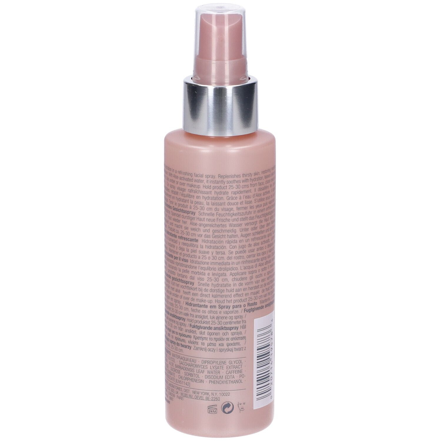 Flacone rosa con vaporizzatore. Retro con testo e codice a barre. 4.2 FL.OZ.LIQ./125 ml.