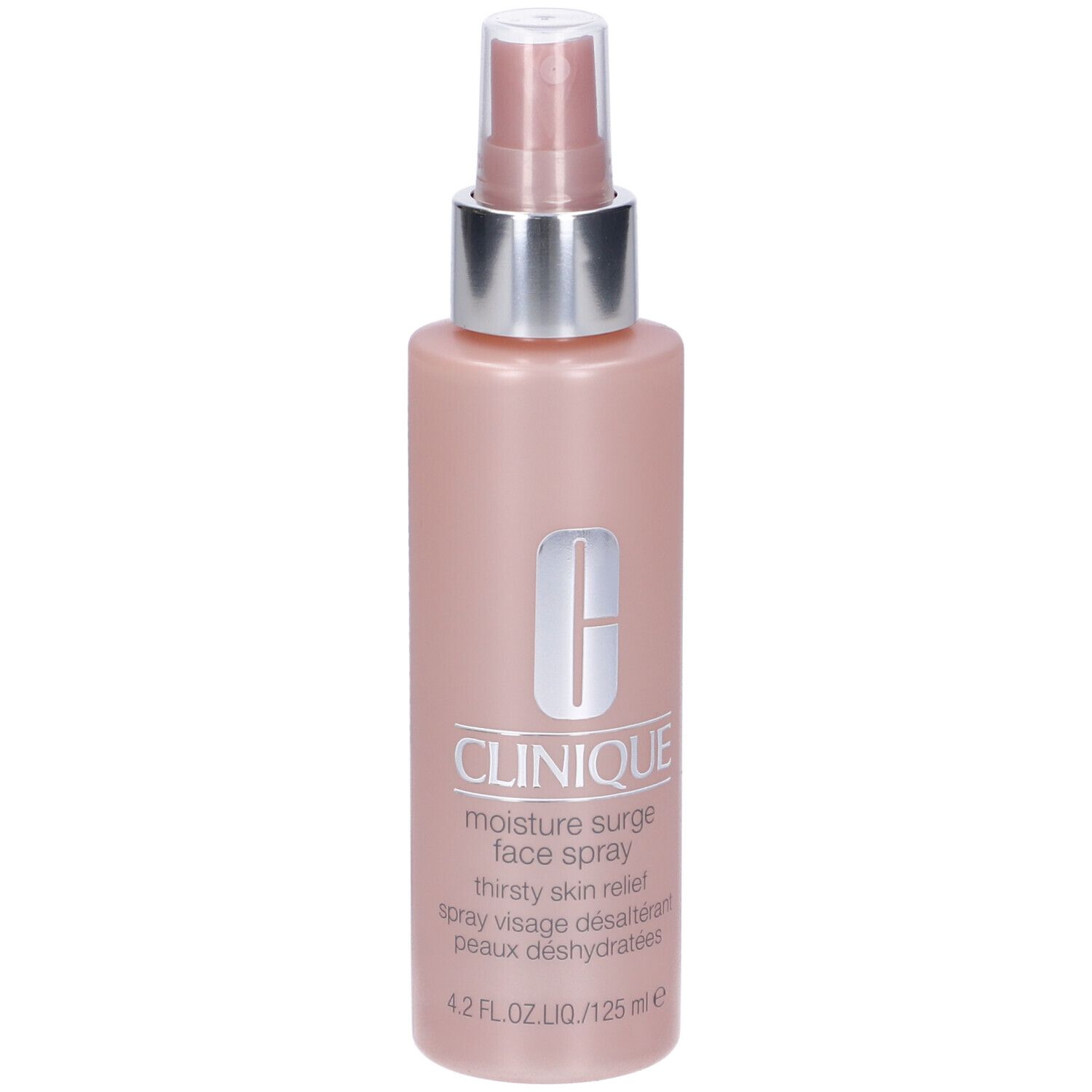 Flacone rosa con vaporizzatore. Scritta: Clinique Moisture Surge Face Spray. 4.2 FL.OZ.LIQ./125 ml.