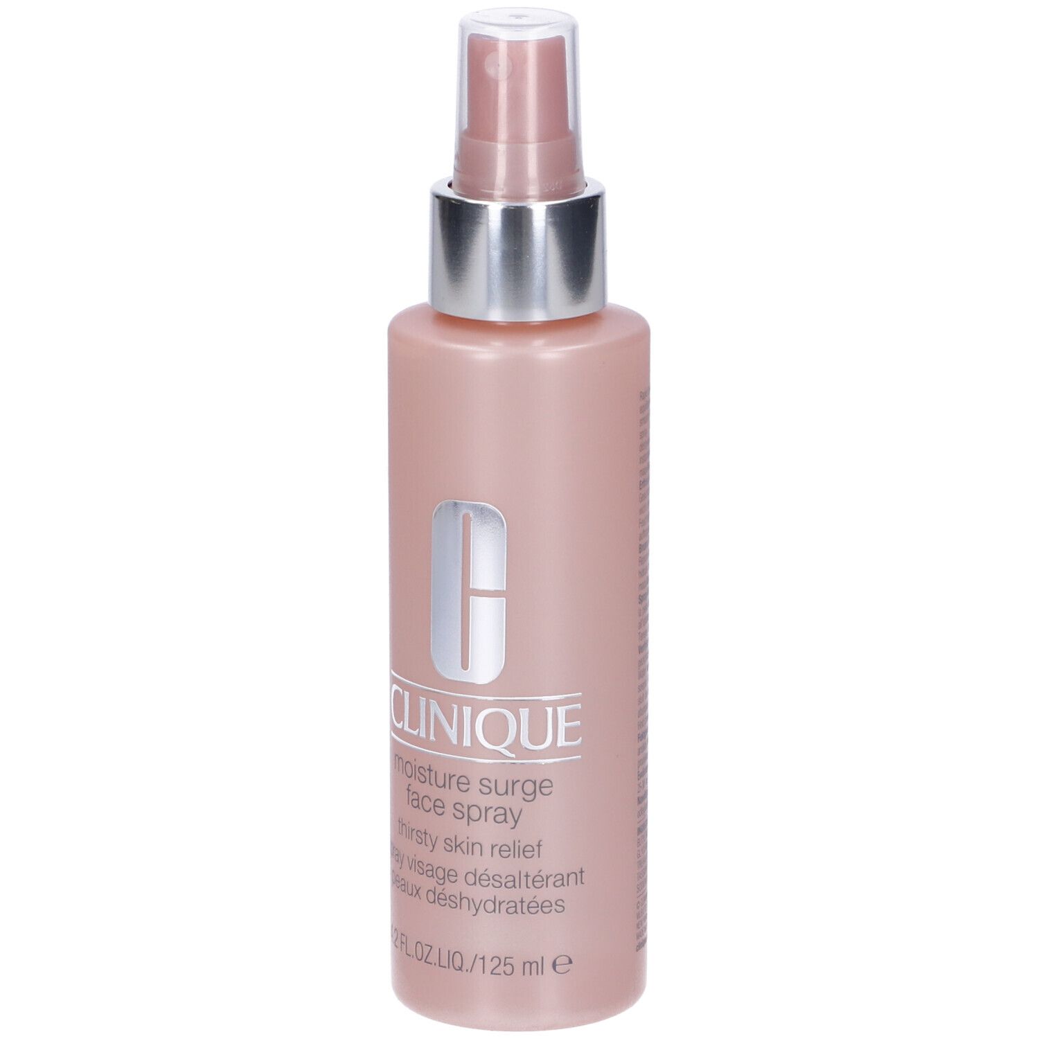 Flacone rosa con vaporizzatore. Scritta: Clinique Moisture Surge Face Spray. 4.2 FL.OZ.LIQ./125 ml.
