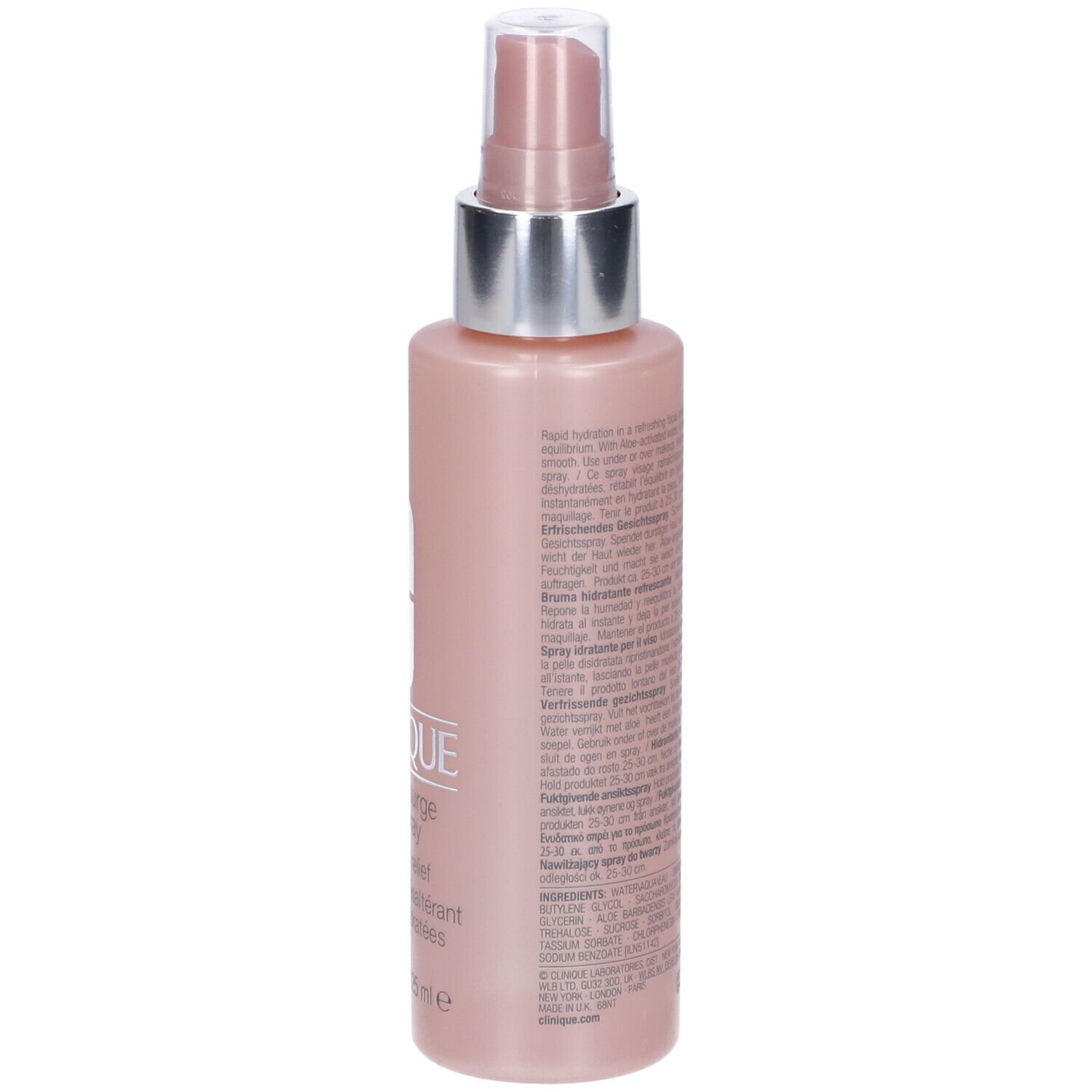 Flacone rosa con vaporizzatore. Retro con testo e codice a barre. 4.2 FL.OZ.LIQ./125 ml.