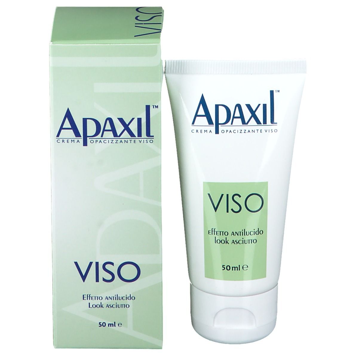 Confezione e tubo affiancati. Entrambi mostrano il nome del prodotto Apaxil e la scritta 'VISO'.