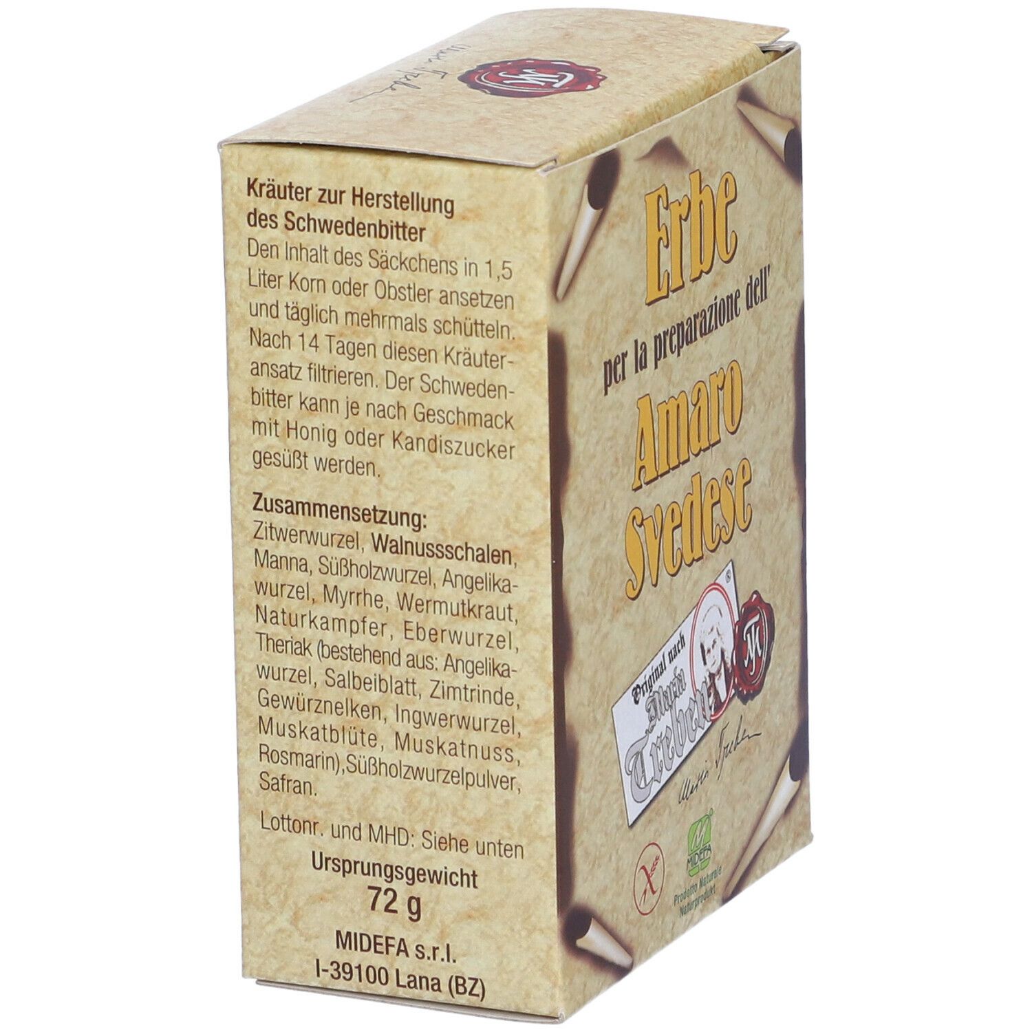 Scatola con testo su erbe per Schwedenbitter. Contiene elenco ingredienti. Marchio MIDEFA.