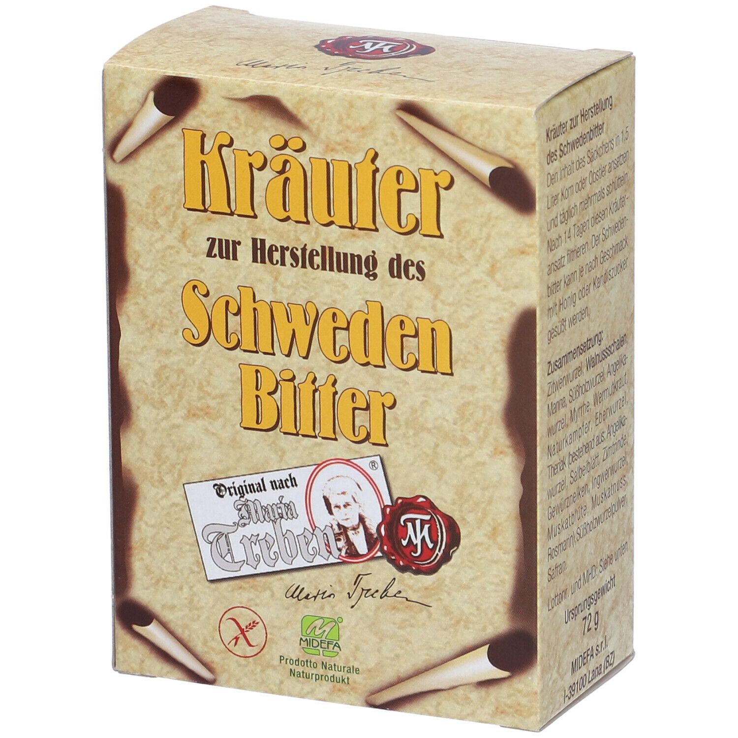 Scatola con testo "Kräuter zur Herstellung des Schweden Bitter". Logo e testo di Maria Treben.