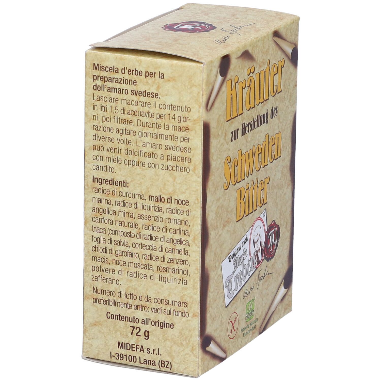 Scatola con testo su erbe per Schwedenbitter. Contiene elenco ingredienti. Marchio MIDEFA.