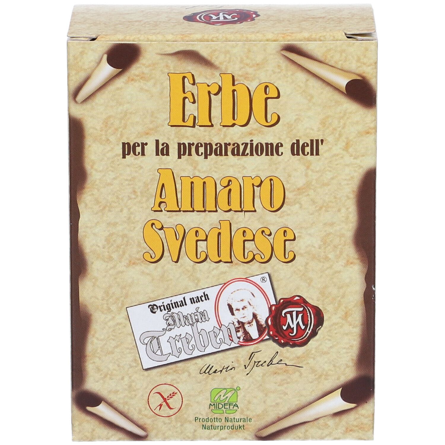 Scatola con testo "Erbe per la preparazione dell' Amaro Svedese". Contiene erbe. Logo e testo di Maria Treben.