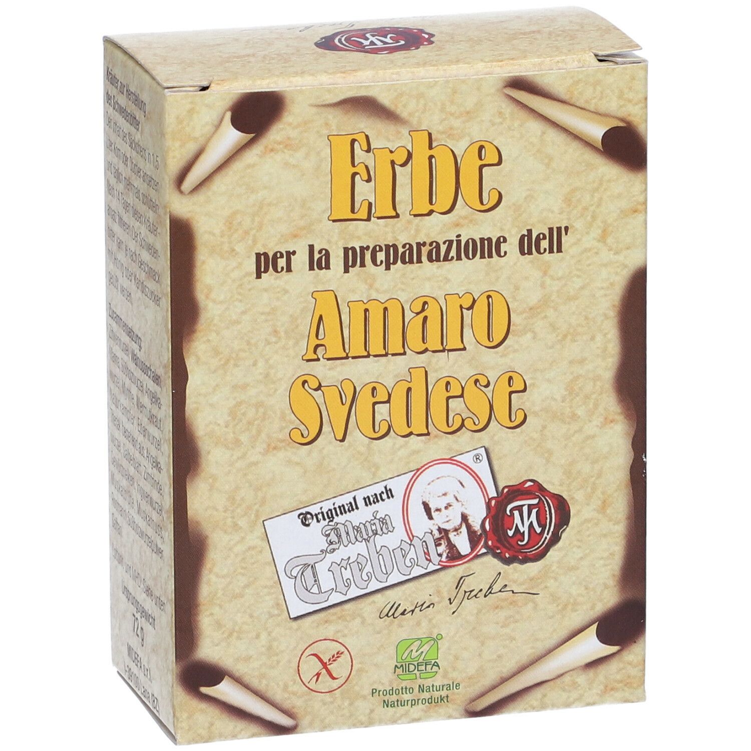 Scatola con testo "Erbe per la preparazione dell' Amaro Svedese". Contiene erbe. Logo e testo di Maria Treben.