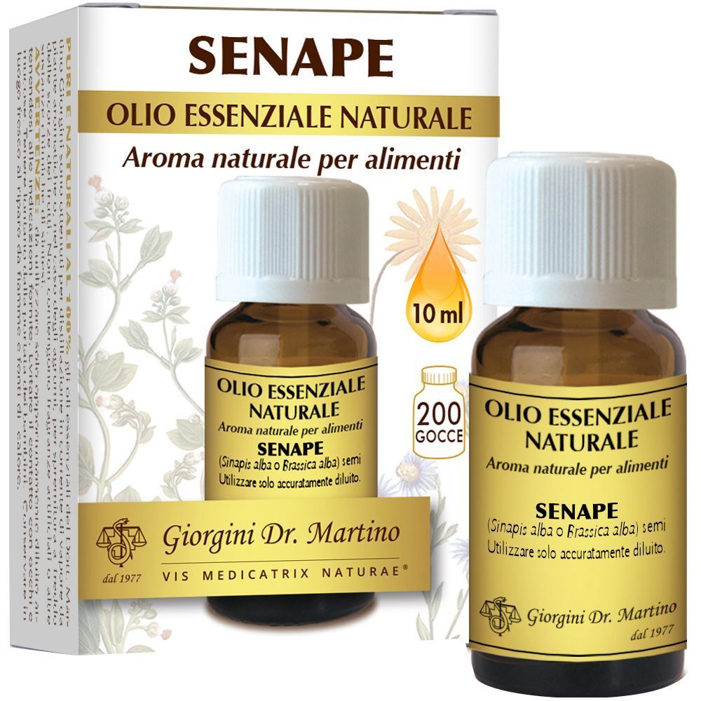 Flacone e confezione di Senape Olio Essenziale 10 ml. Scritte: Senape, Olio Essenziale Naturale, Aroma naturale per alimenti.
