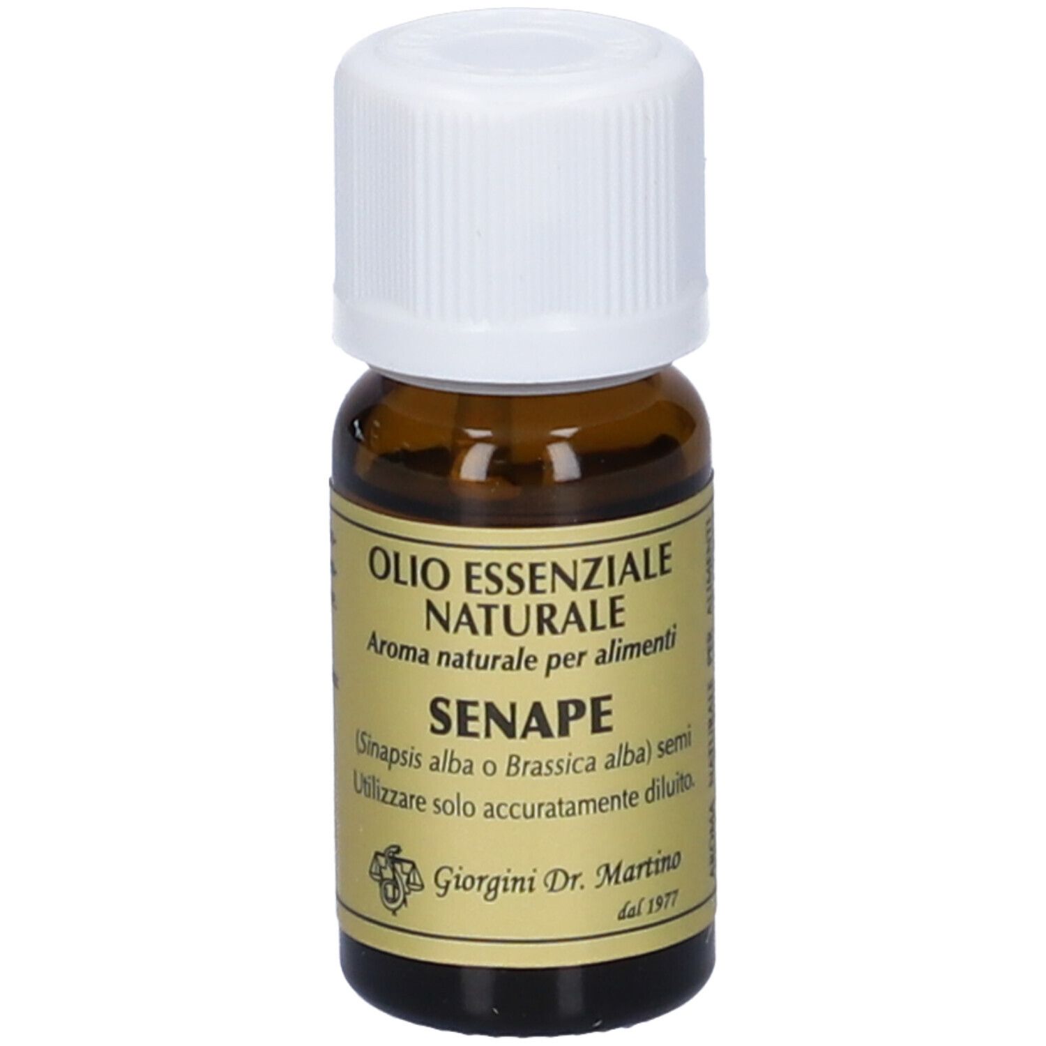 Flacone di Senape Olio Essenziale 10 ml. Scritte: Olio Essenziale Naturale, Senape, Aroma naturale per alimenti. Tappo bianco.