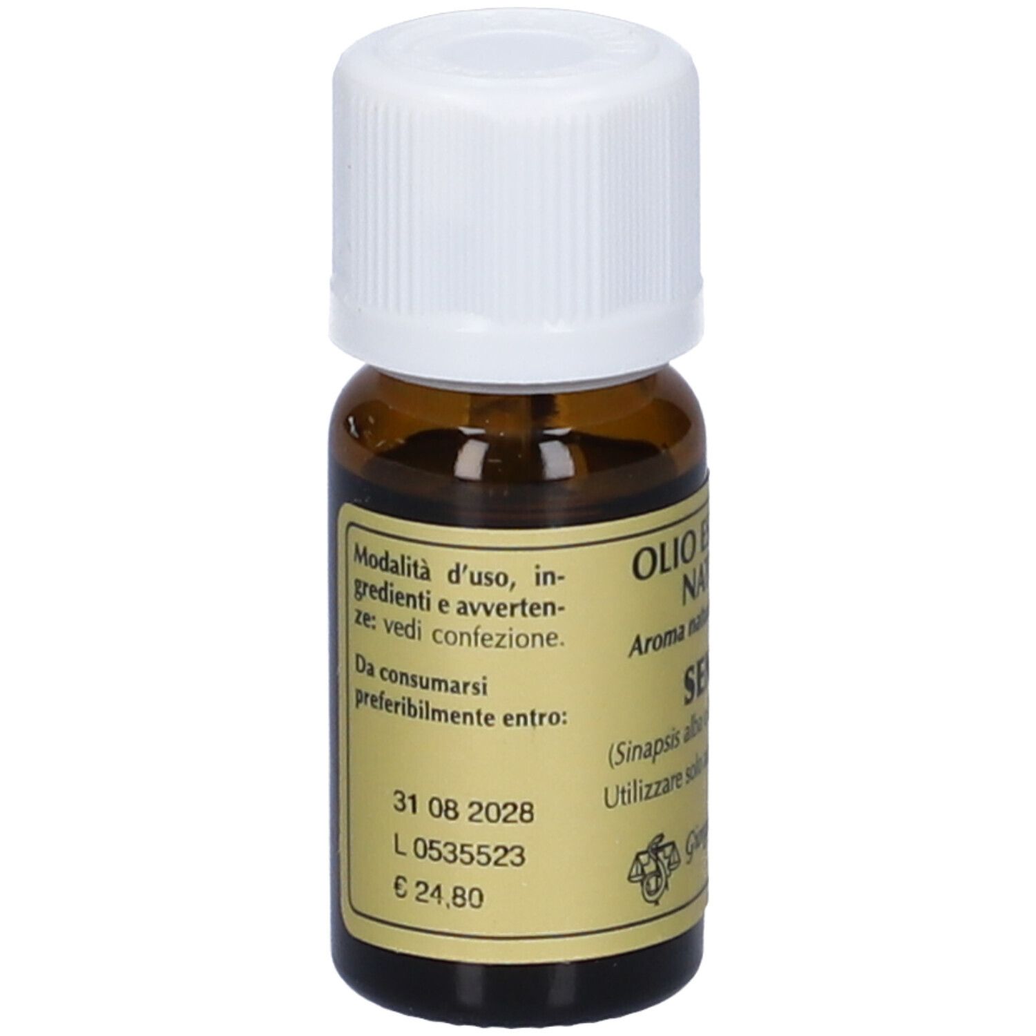 Flacone di Senape Olio Essenziale 10 ml. Scritte: Olio Essenziale Naturale, Senape, Aroma naturale per alimenti. Tappo bianco.
