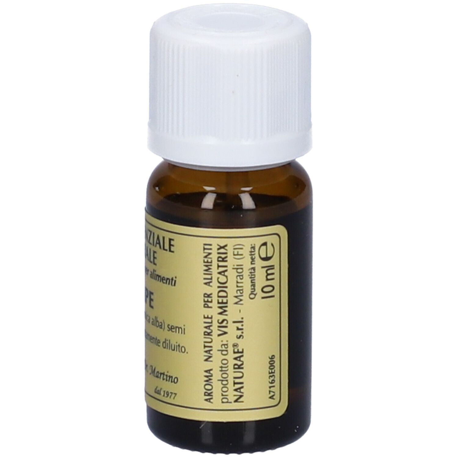 Flacone di Senape Olio Essenziale 10 ml. Scritte: Olio Essenziale Naturale, Senape, Aroma naturale per alimenti. Tappo bianco.